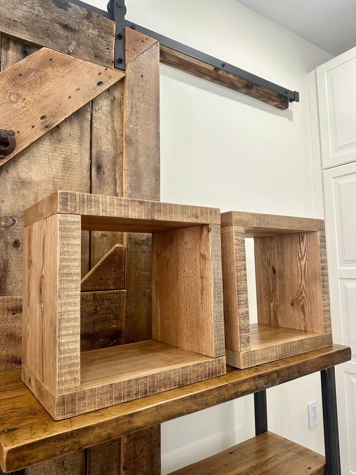 2 x Rustic Oak Wood Side Tables / Vinyl Cubbies