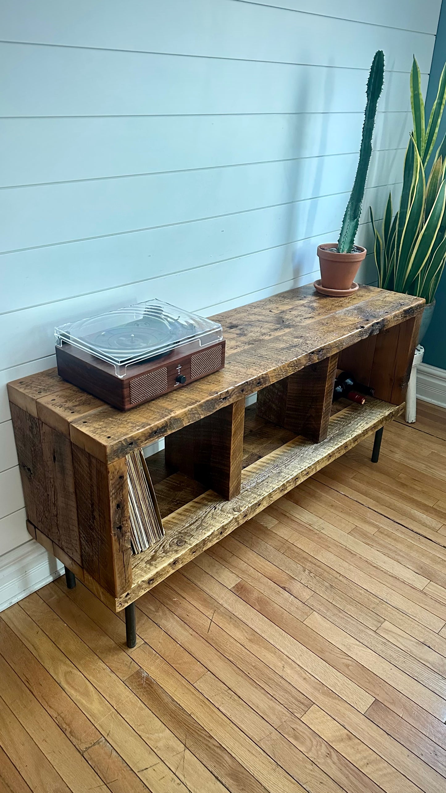 50” L Rustic Wood Minimalist Media / Vinyl Stand on Pin Legs