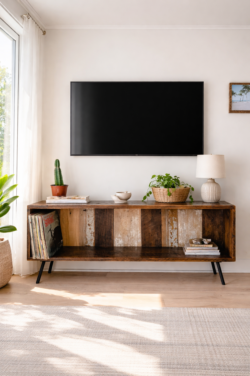 4 1/2’ L Rustic Wood Media Stand on Pin Legs