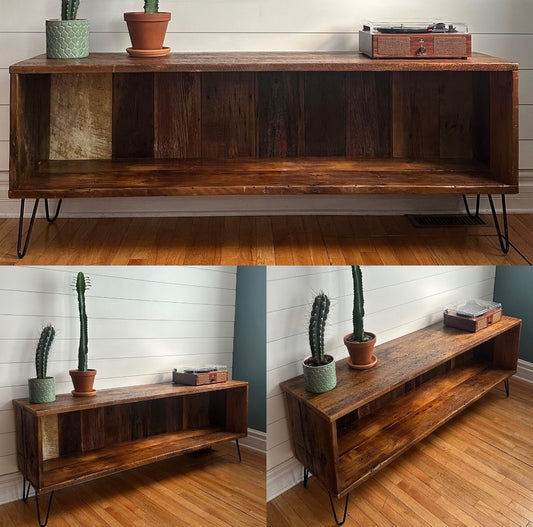 5’ L Rustic Reclaimed Wood Media Stand / Vinyl Storage Table