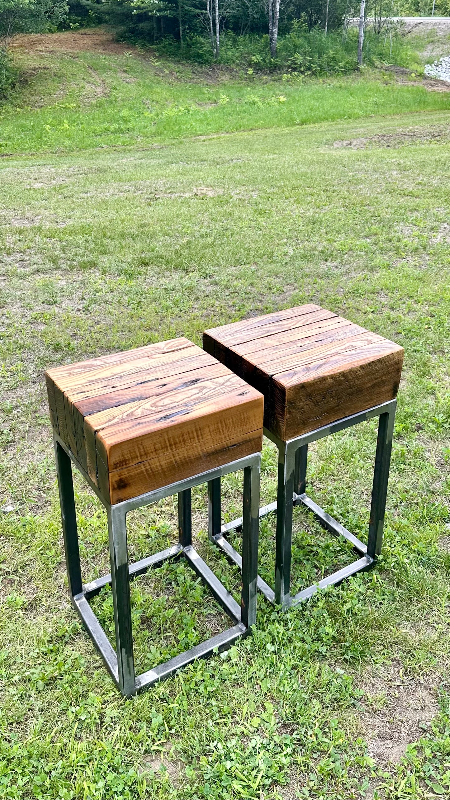 2 x Rustic Wood + Steel Tables
