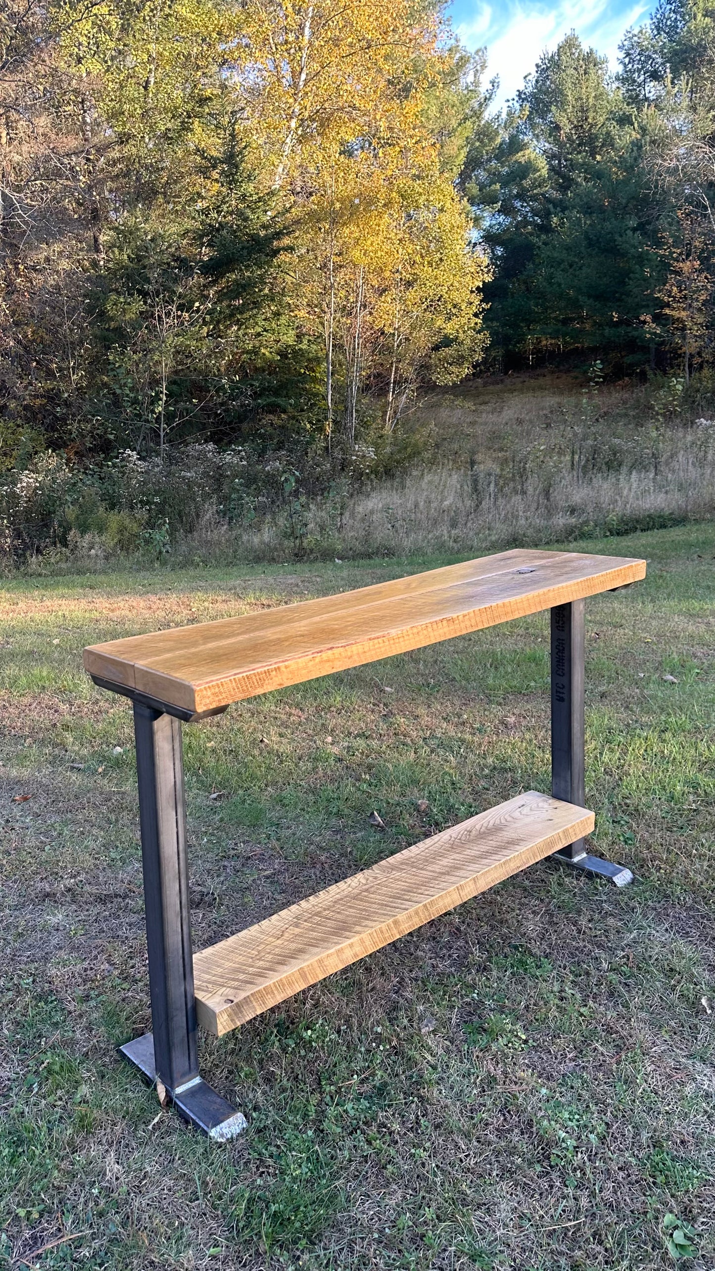 4 1/2’ L Rustic Reclaimed Ash Wood + Steel Bar / Console Table