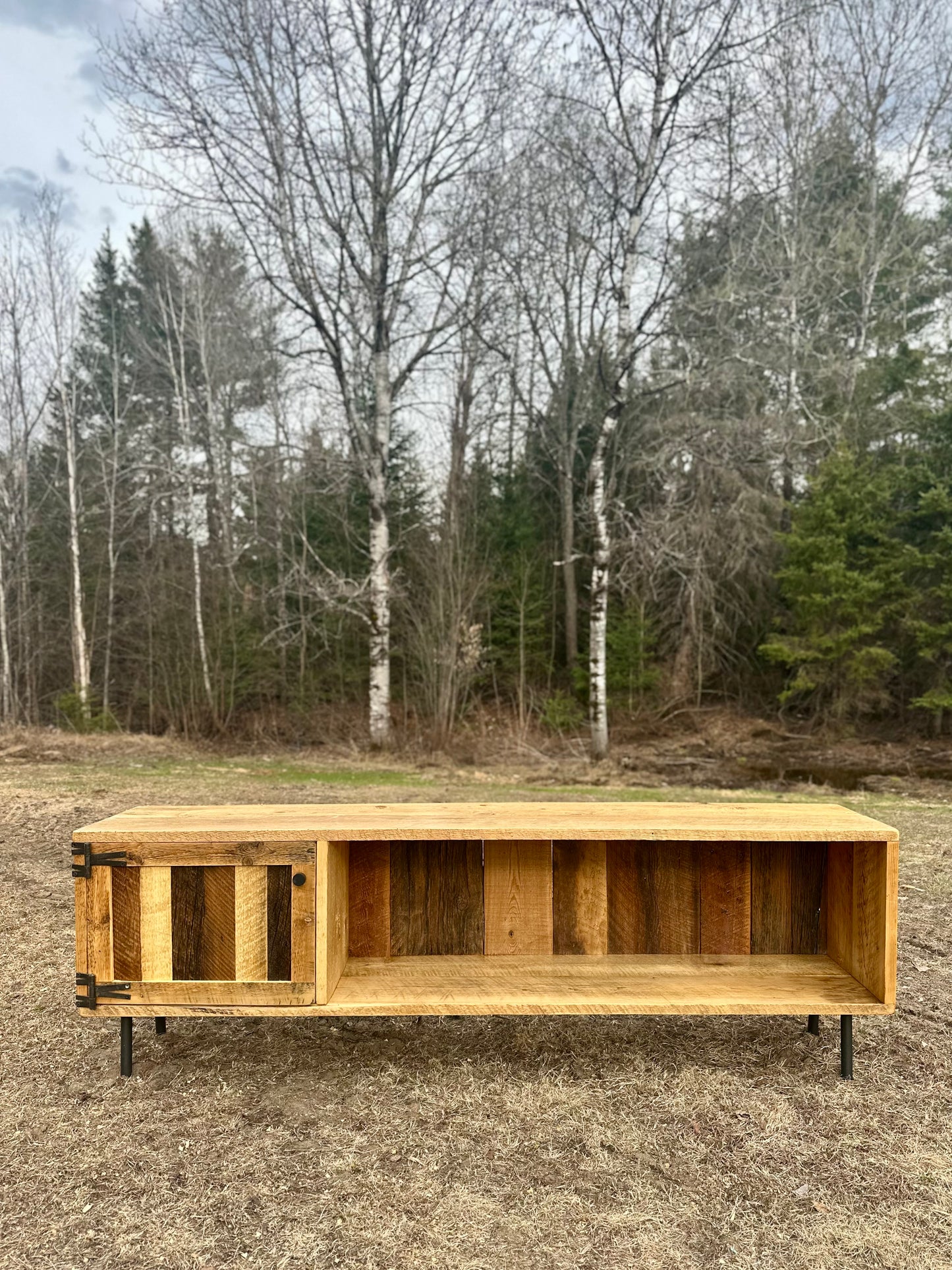 6' L Rustic Wood Media Stand on Pin Legs