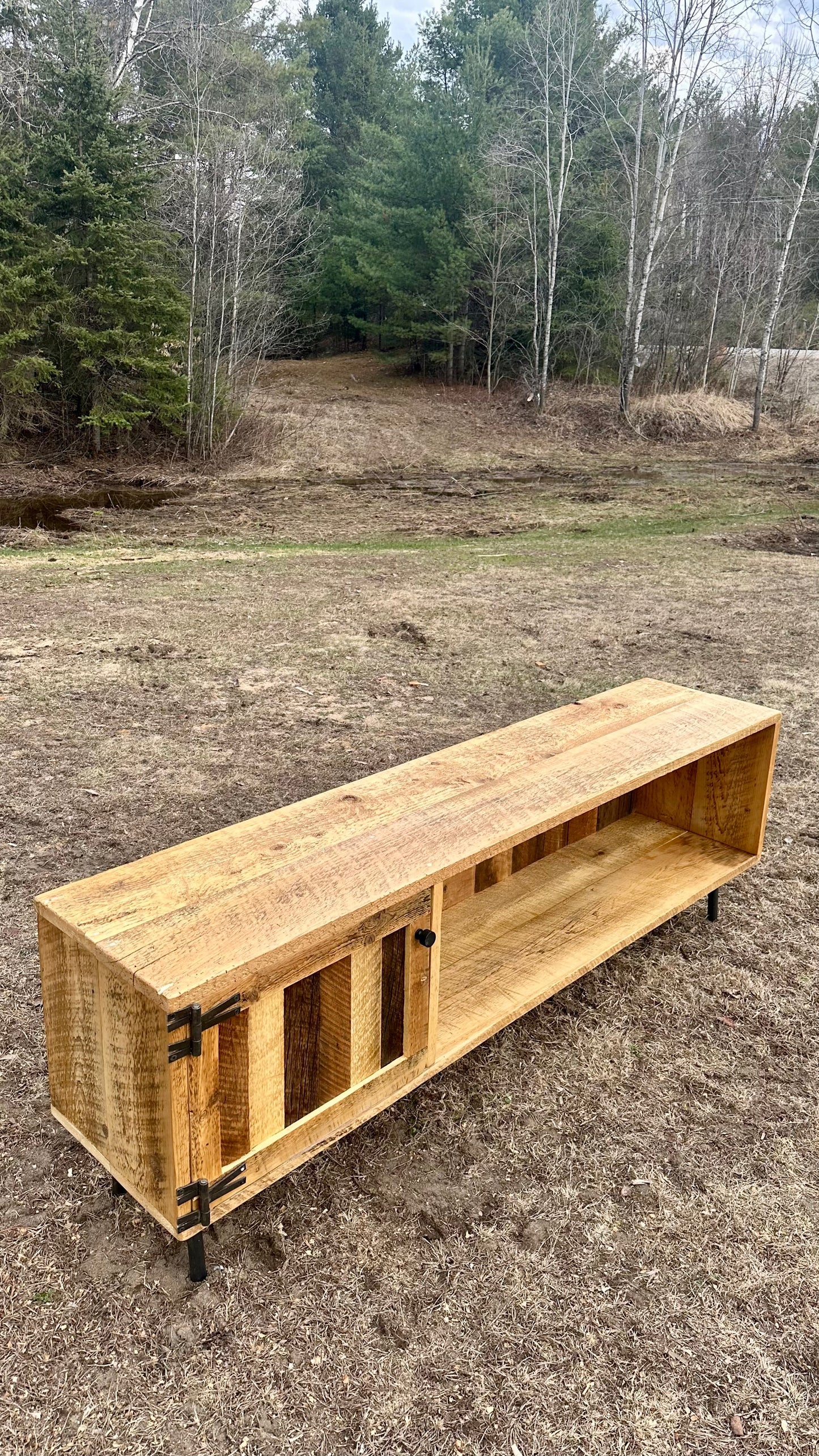 6' L Rustic Wood Media Stand on Pin Legs