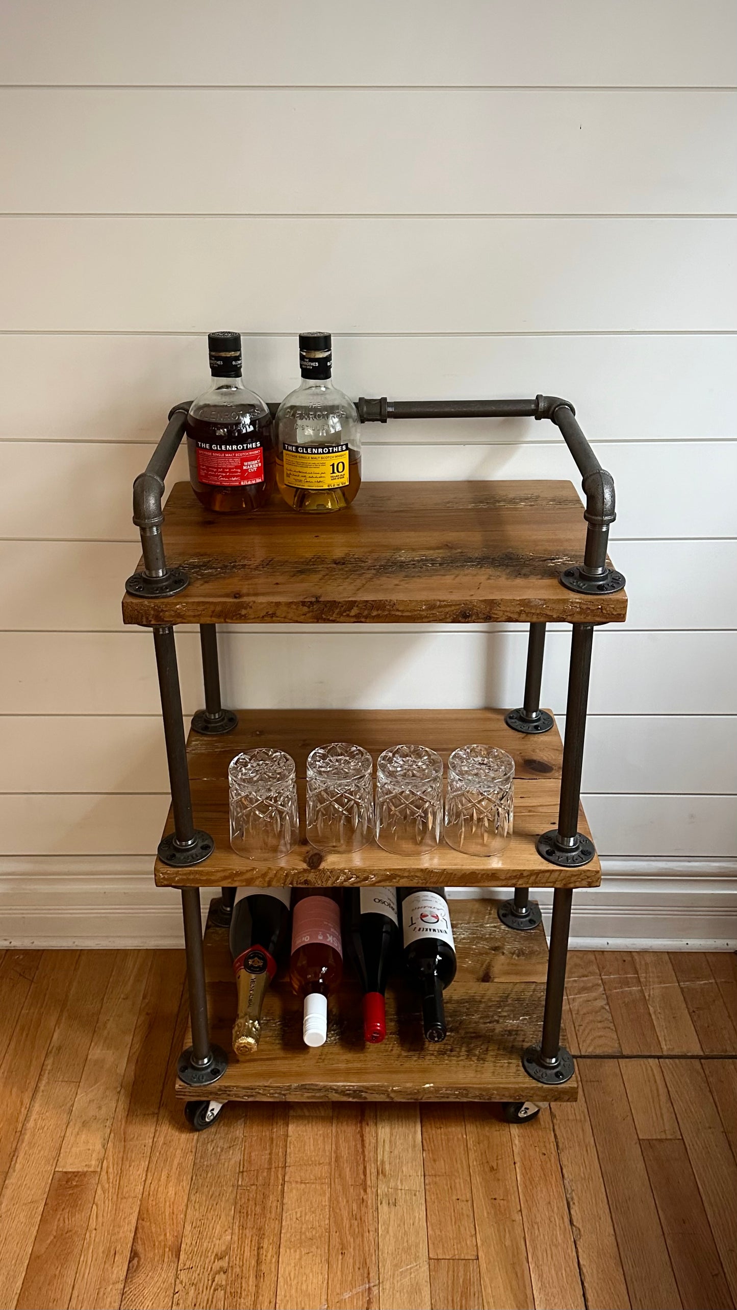 20” L Rustic Wood + Iron Rolling Bar Cart
