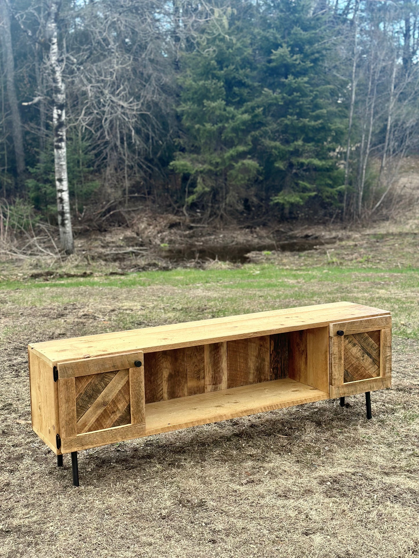 6' L Rustic Wood Media Stand / Cabinet - Pin Legs