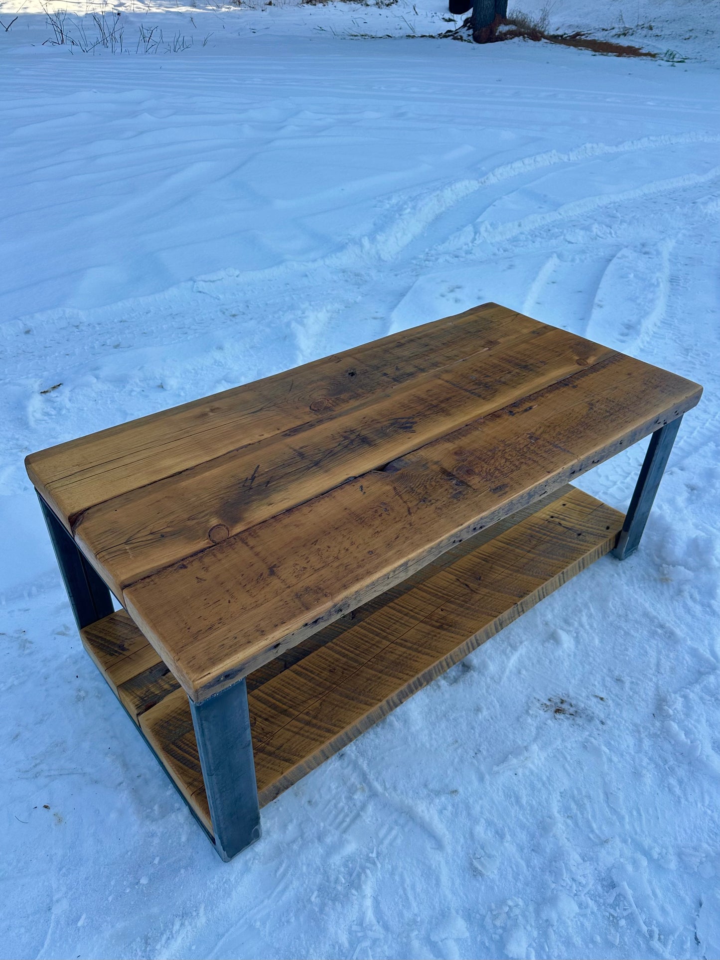2 x 4’ Rustic Wood and Steel Coffee Table