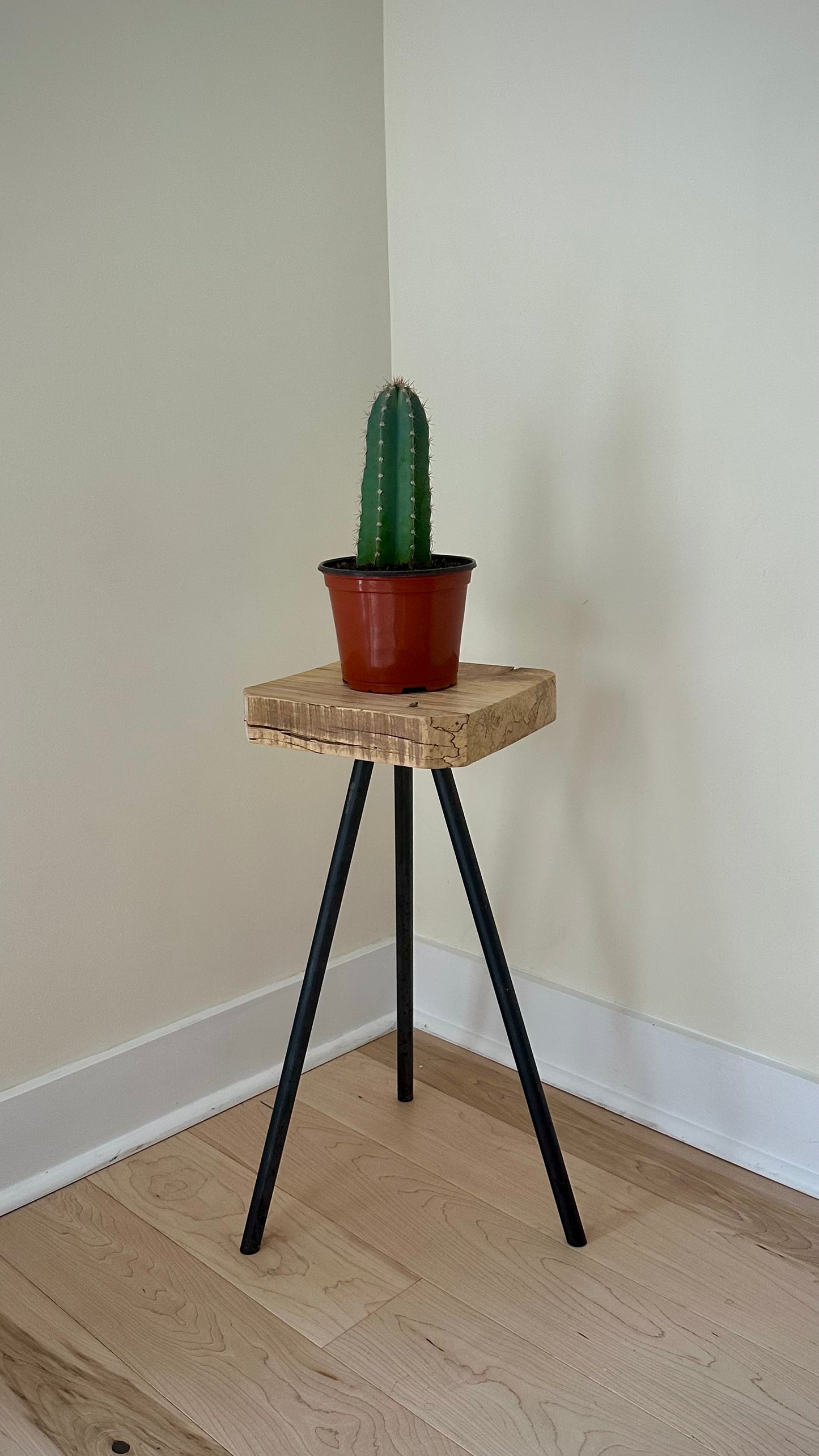 Wood side table / plant stand on steel tripod base