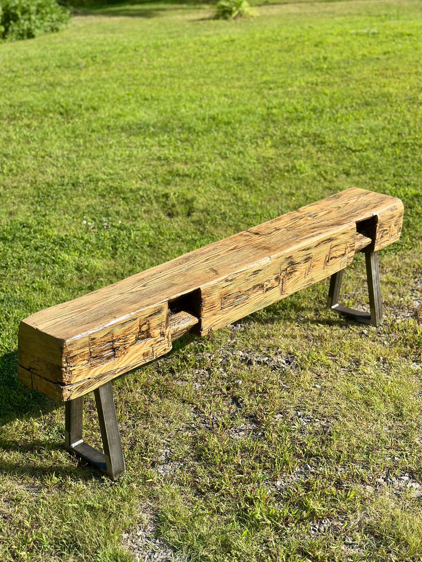 5’ L Rustic Barn Wood Beam + Steel Bench