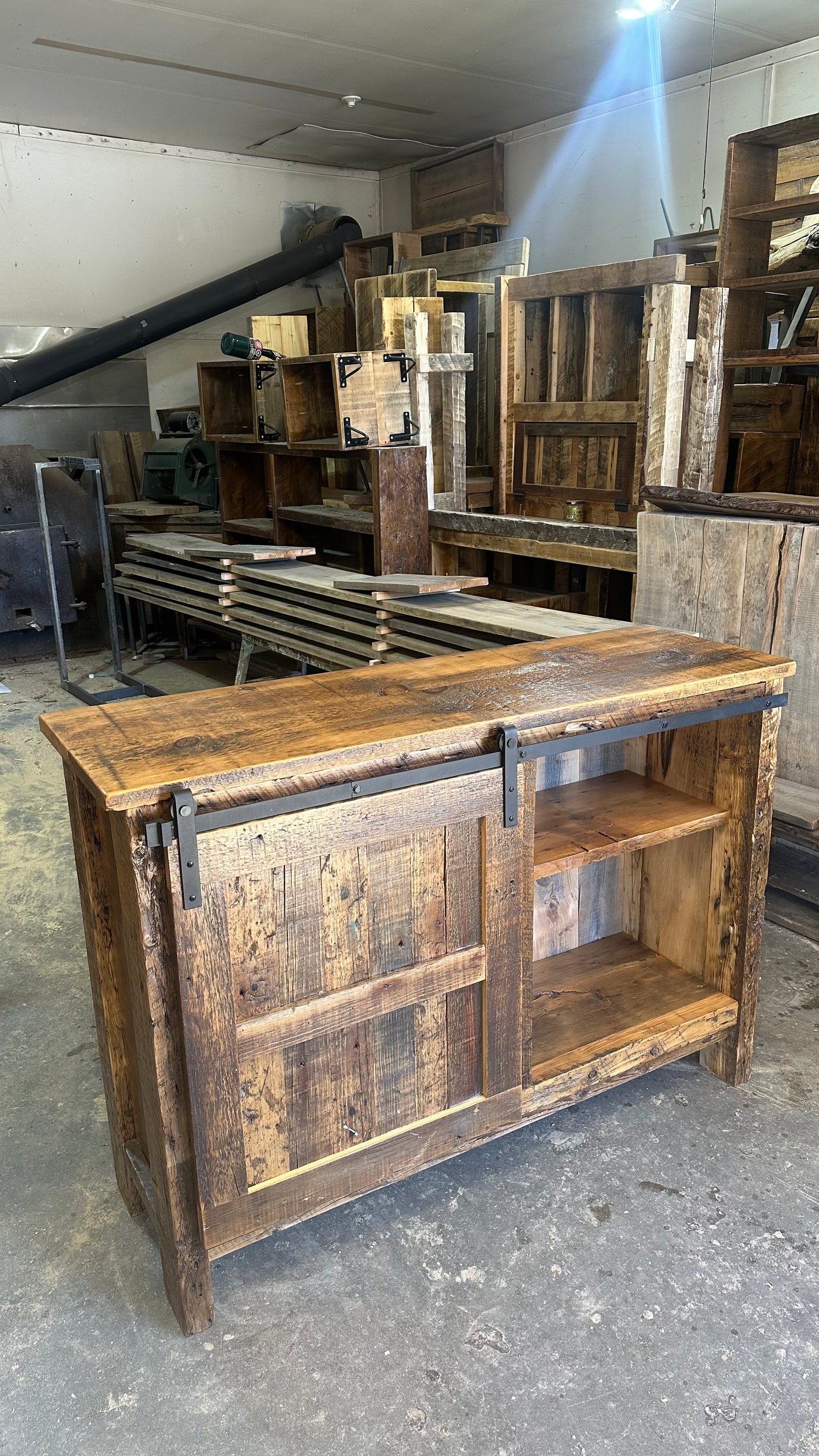 52” L Rustic Wood Barn Door Bar Cabinet