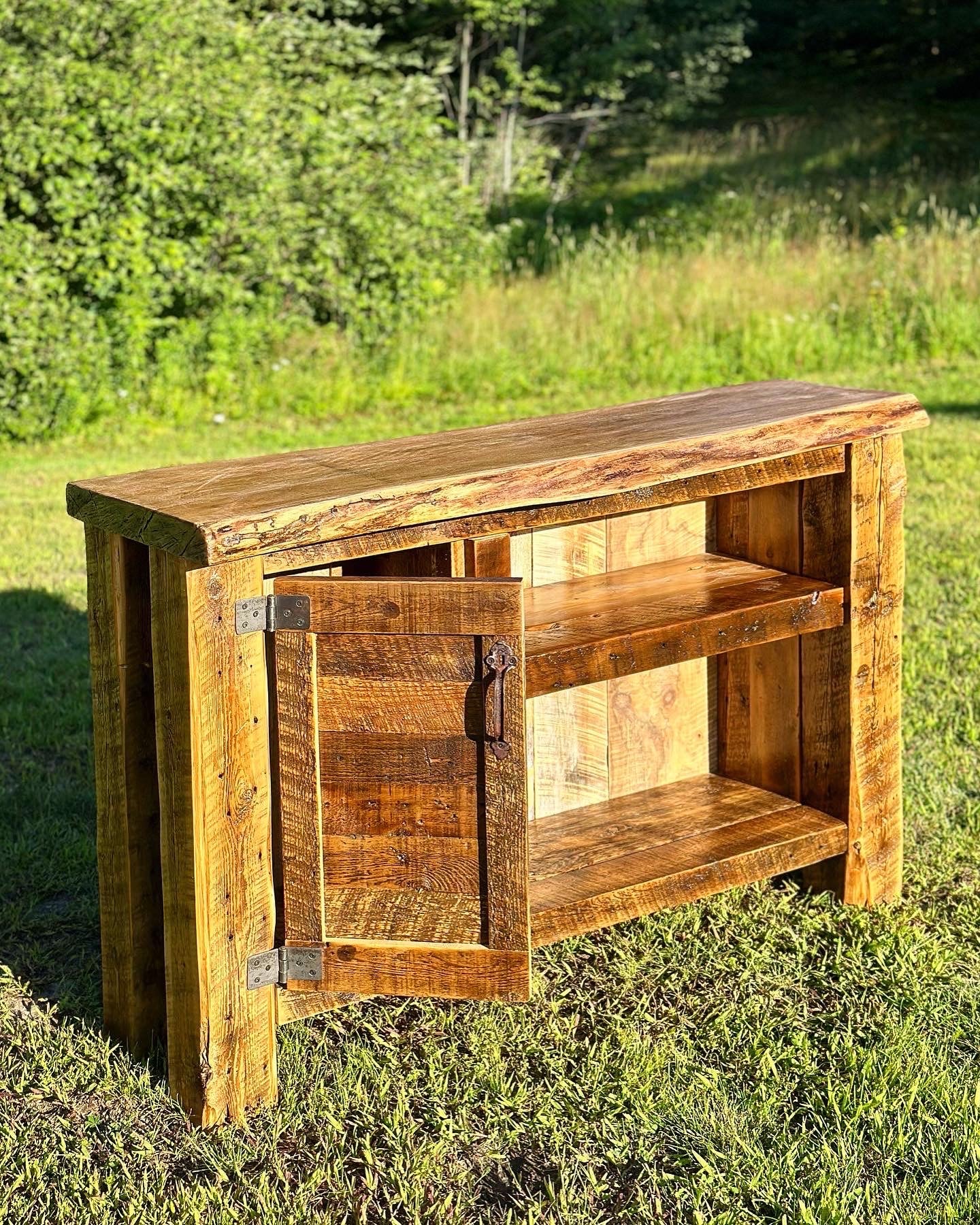 4.5’ L Rustic Live Edge + Reclaimed Wood Bar / Media Cabinet
