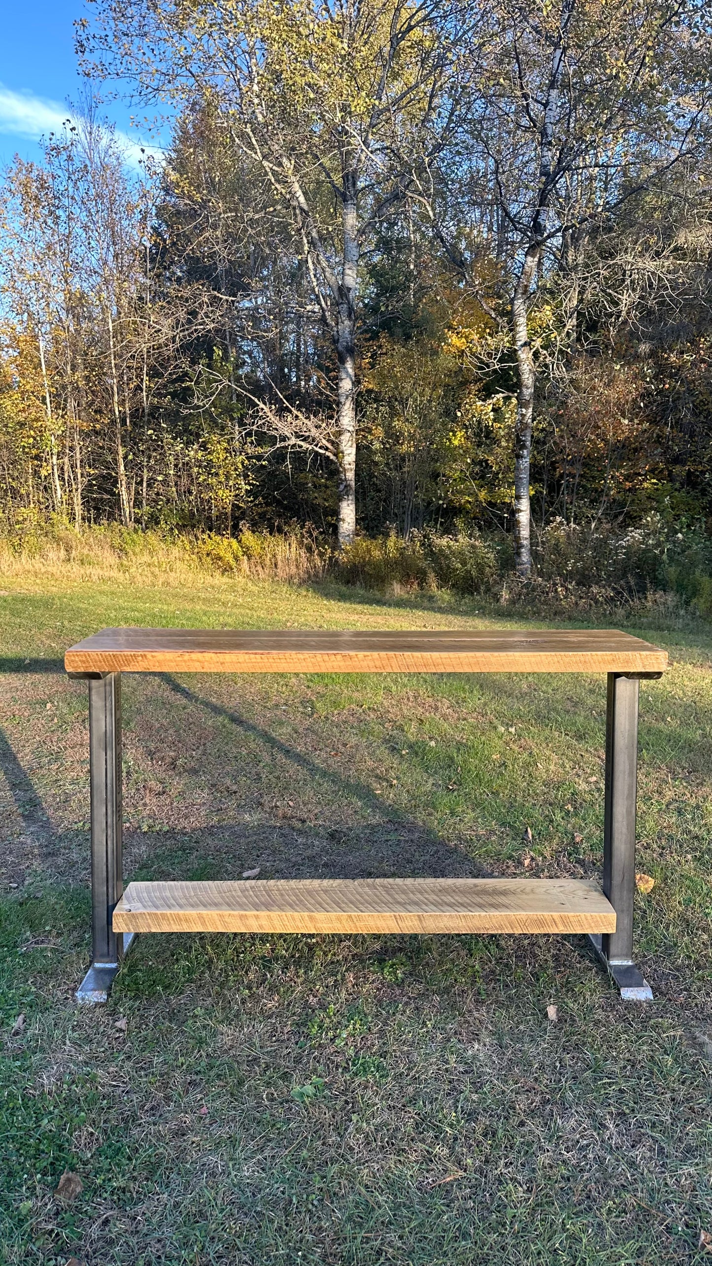 4 1/2’ L Rustic Reclaimed Ash Wood + Steel Bar / Console Table
