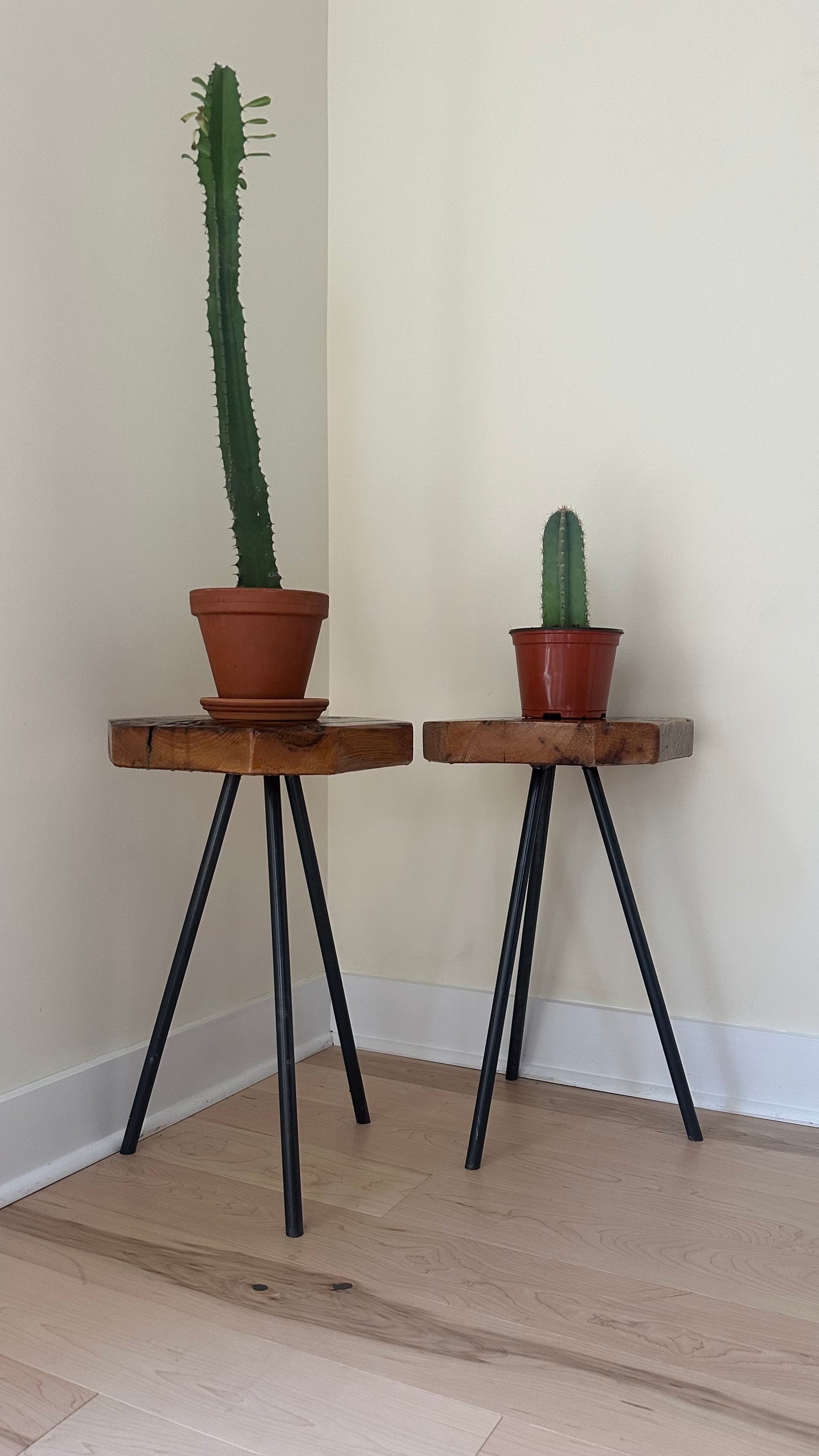 Rustic Wood and Steel Tripod Side Table / Plant Stand