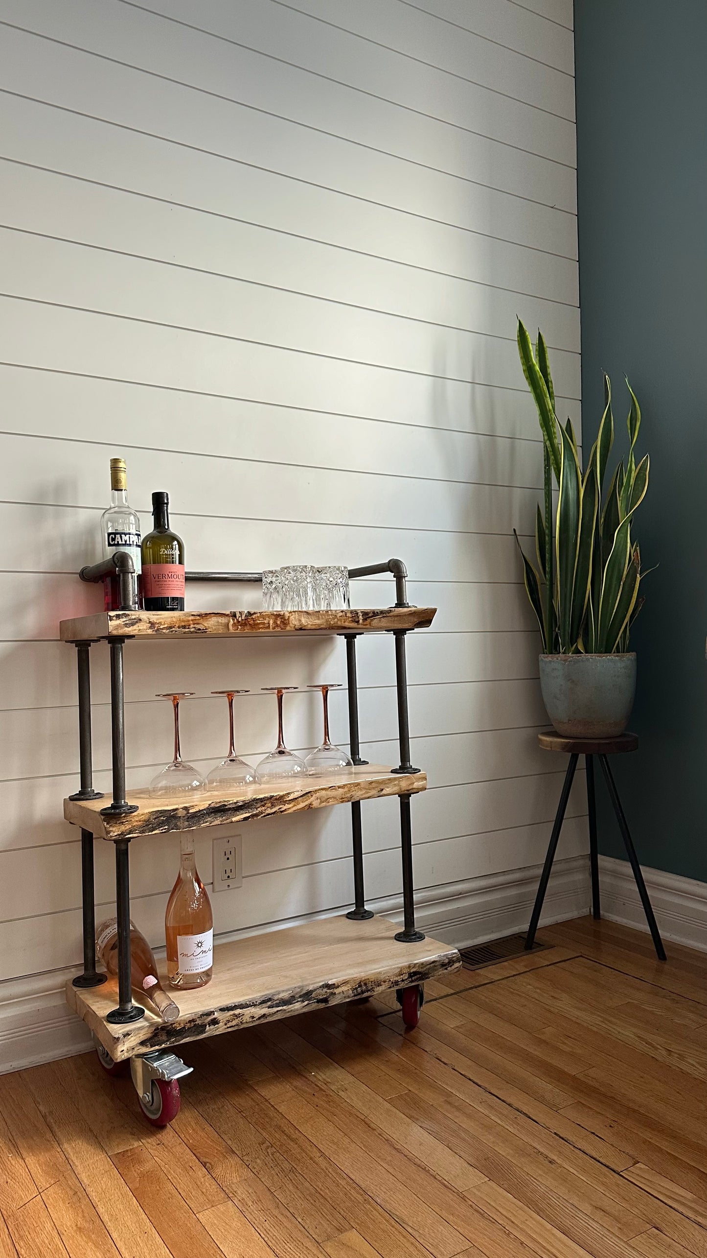 28” L Rustic Live Edge Wood + Steel Bar Cart