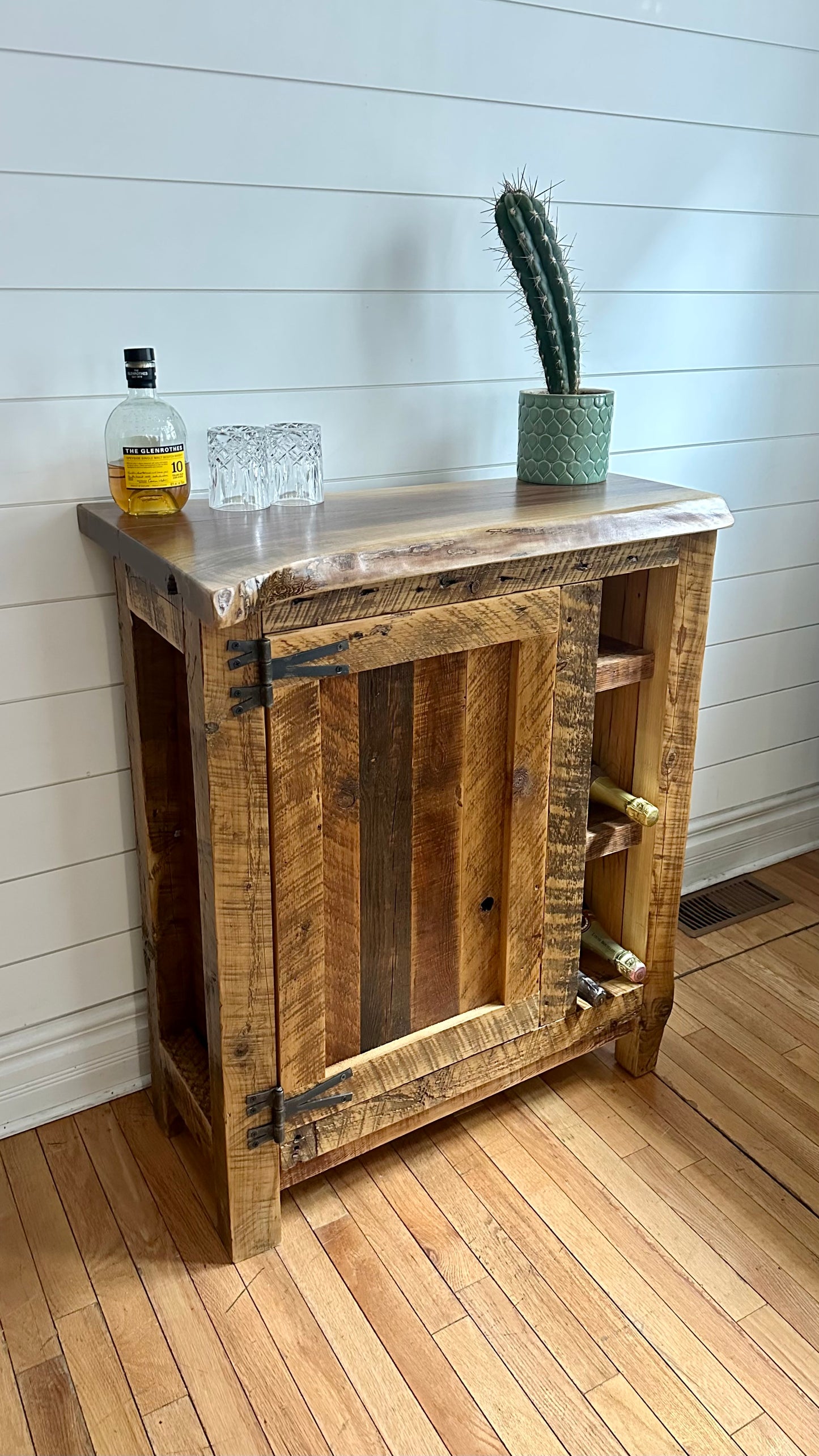32” L Compact Rustic Wood Bar / Kitchen Cabinet