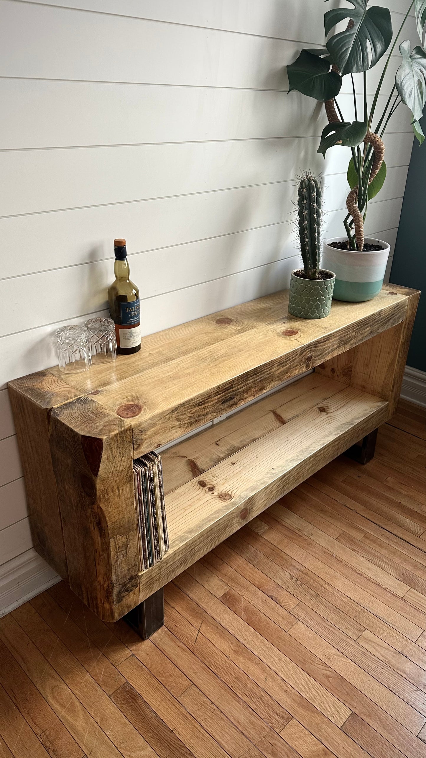 5’ L Rustic Pine Wood + Steel Media Stand