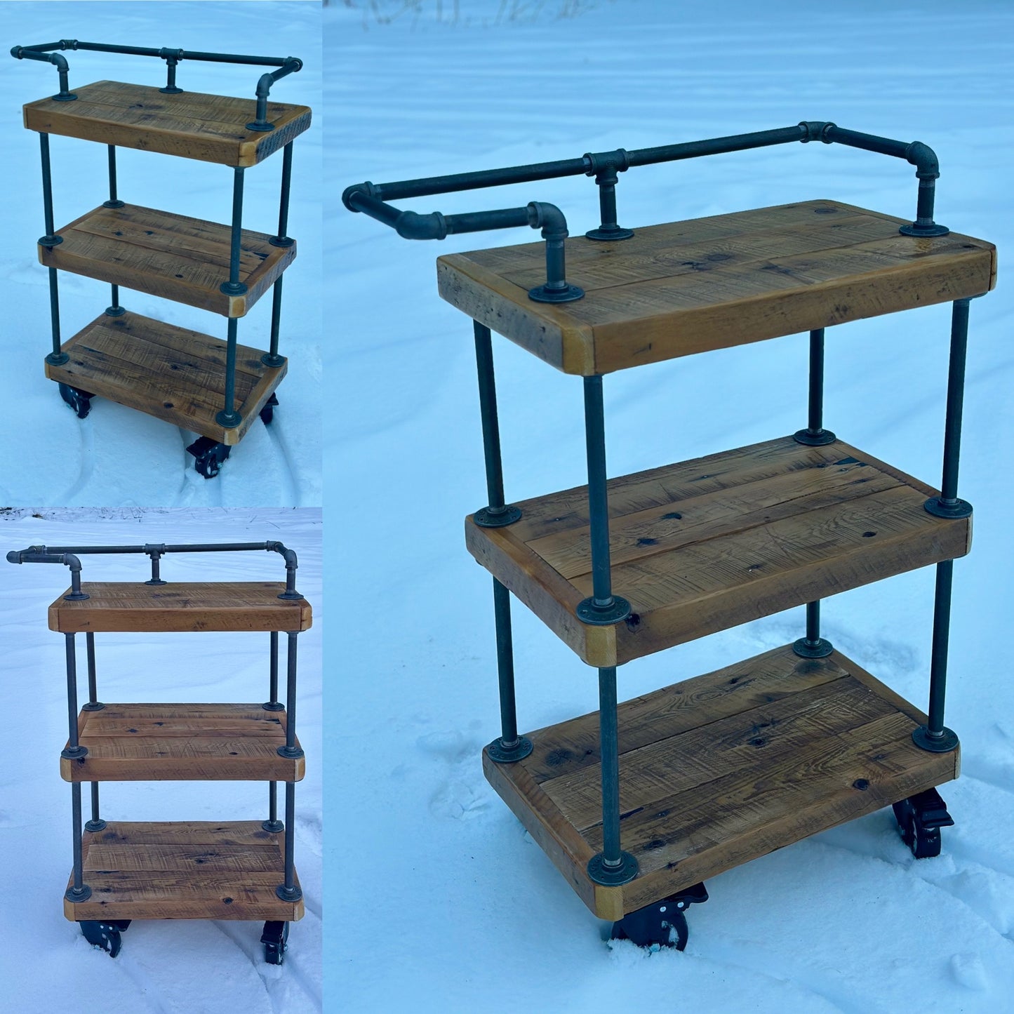 2’ L Rustic Wood + Iron Rolling Bar / Kitchen Cart