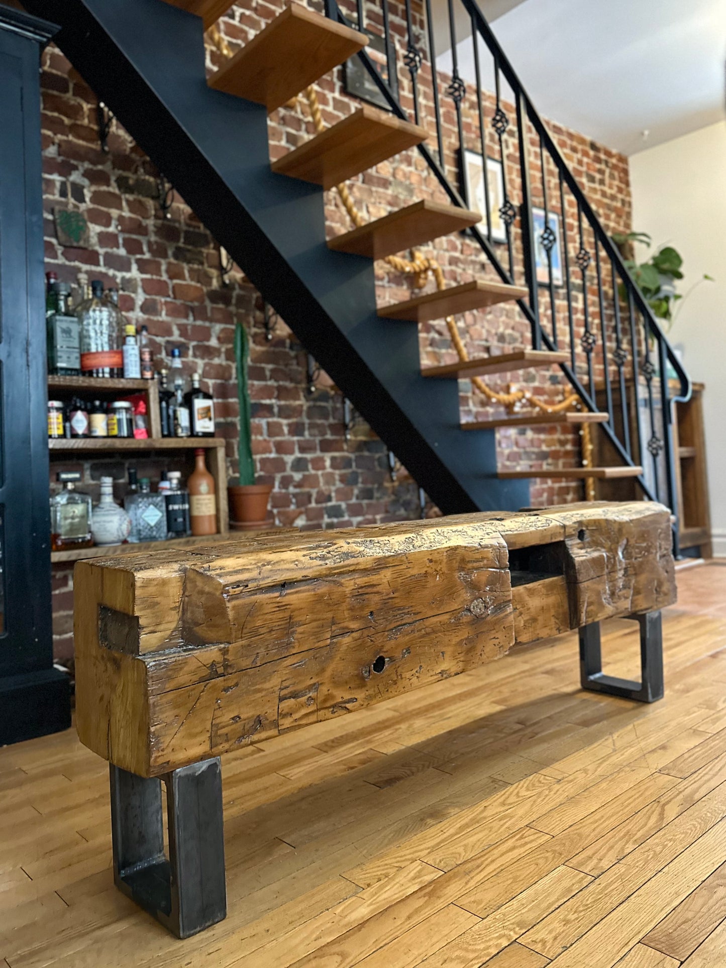 5' L Rustic Barn Wood Beam Bench - Steel Legs