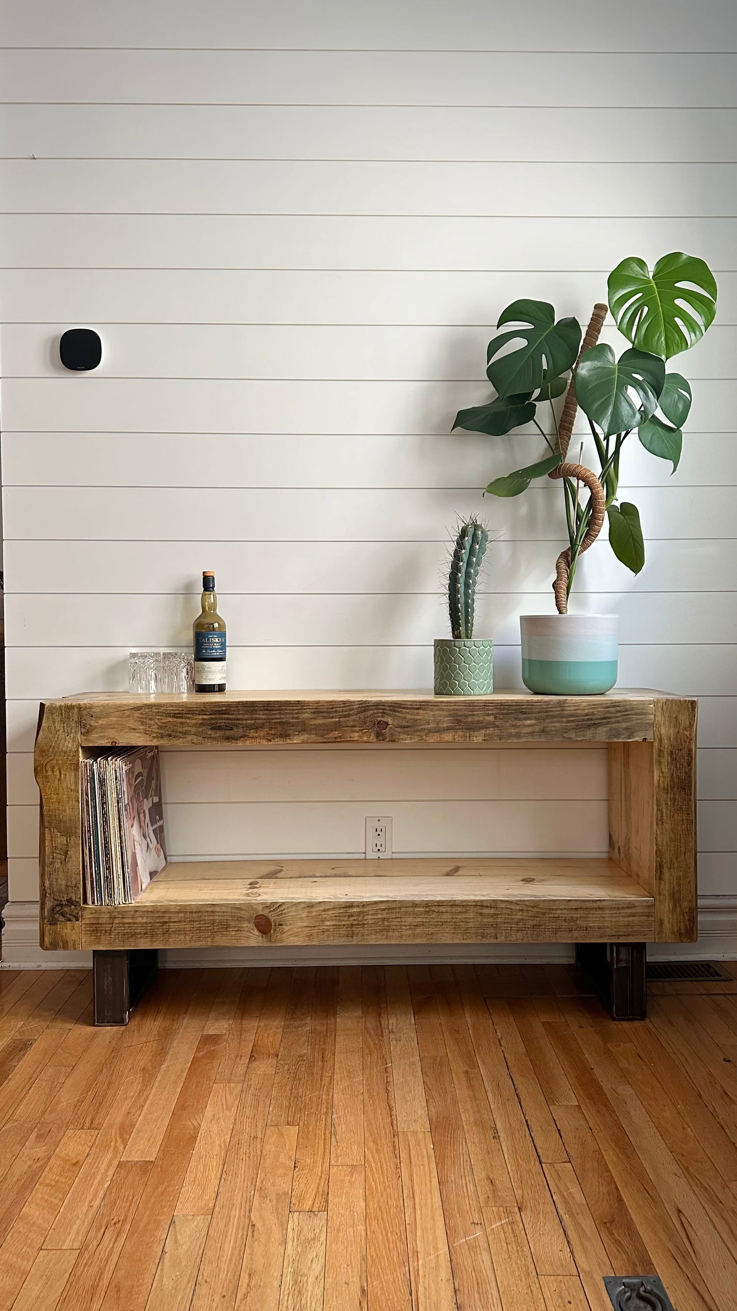 5’ L Rustic Pine Wood + Steel Media Stand