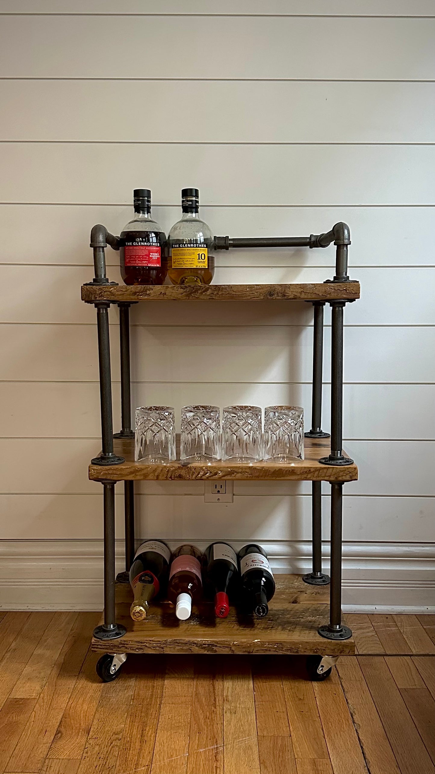 20” L Rustic Wood + Iron Rolling Bar Cart