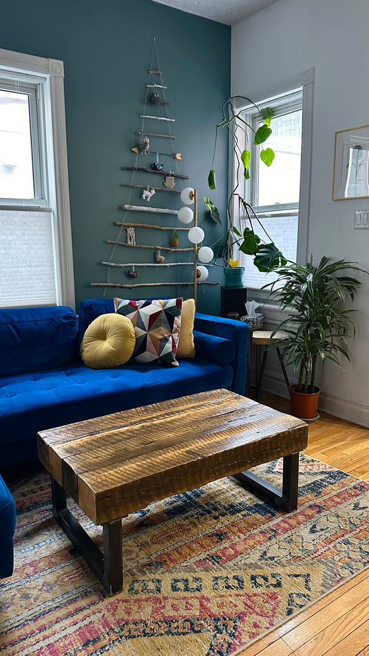 3.5' L Rustic Wood Beam + Steel Table
