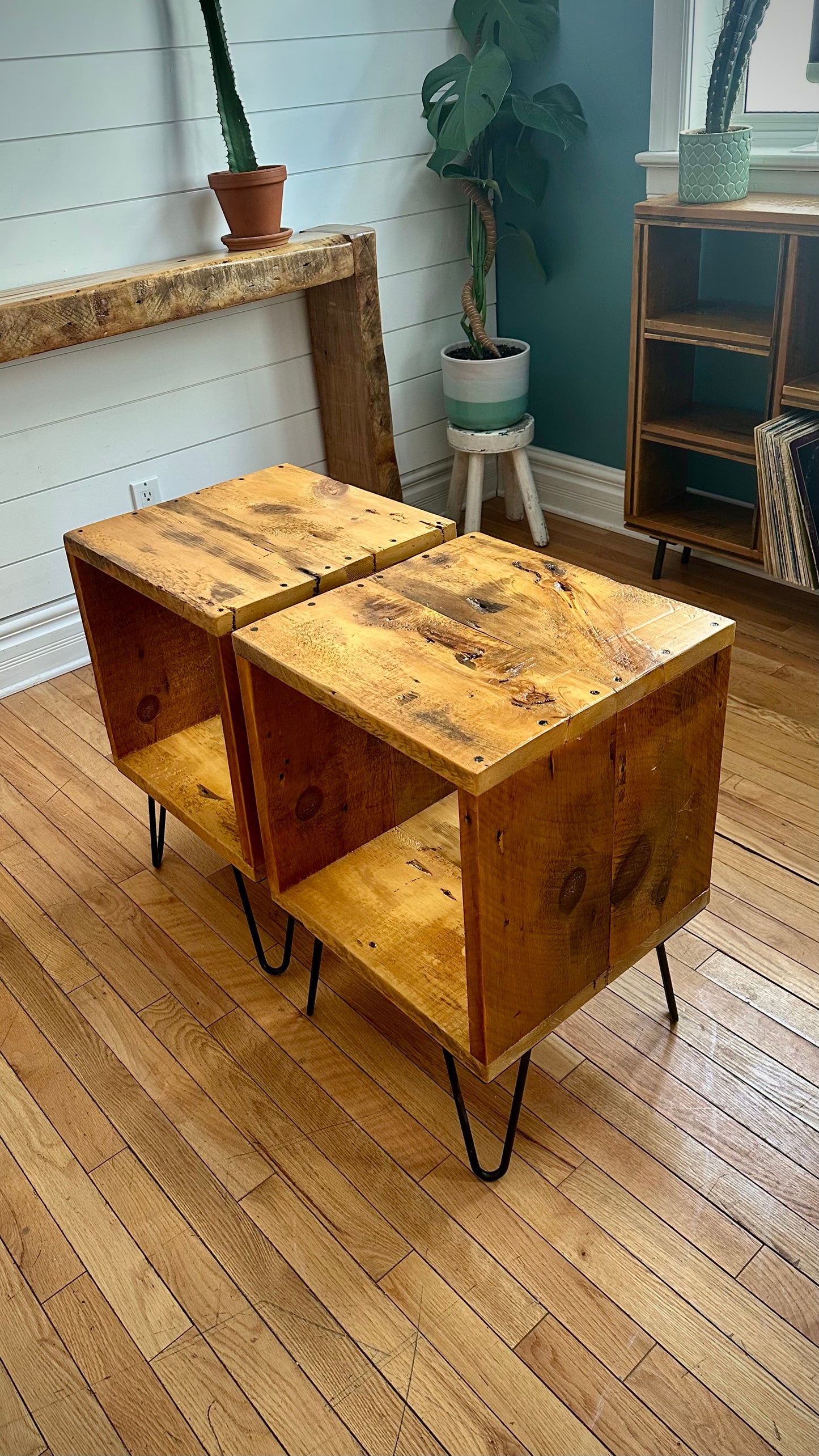 Set of 2 Rustic Reclaimed Wood Cube Side Tables / Night Stands on Hairpin Legs