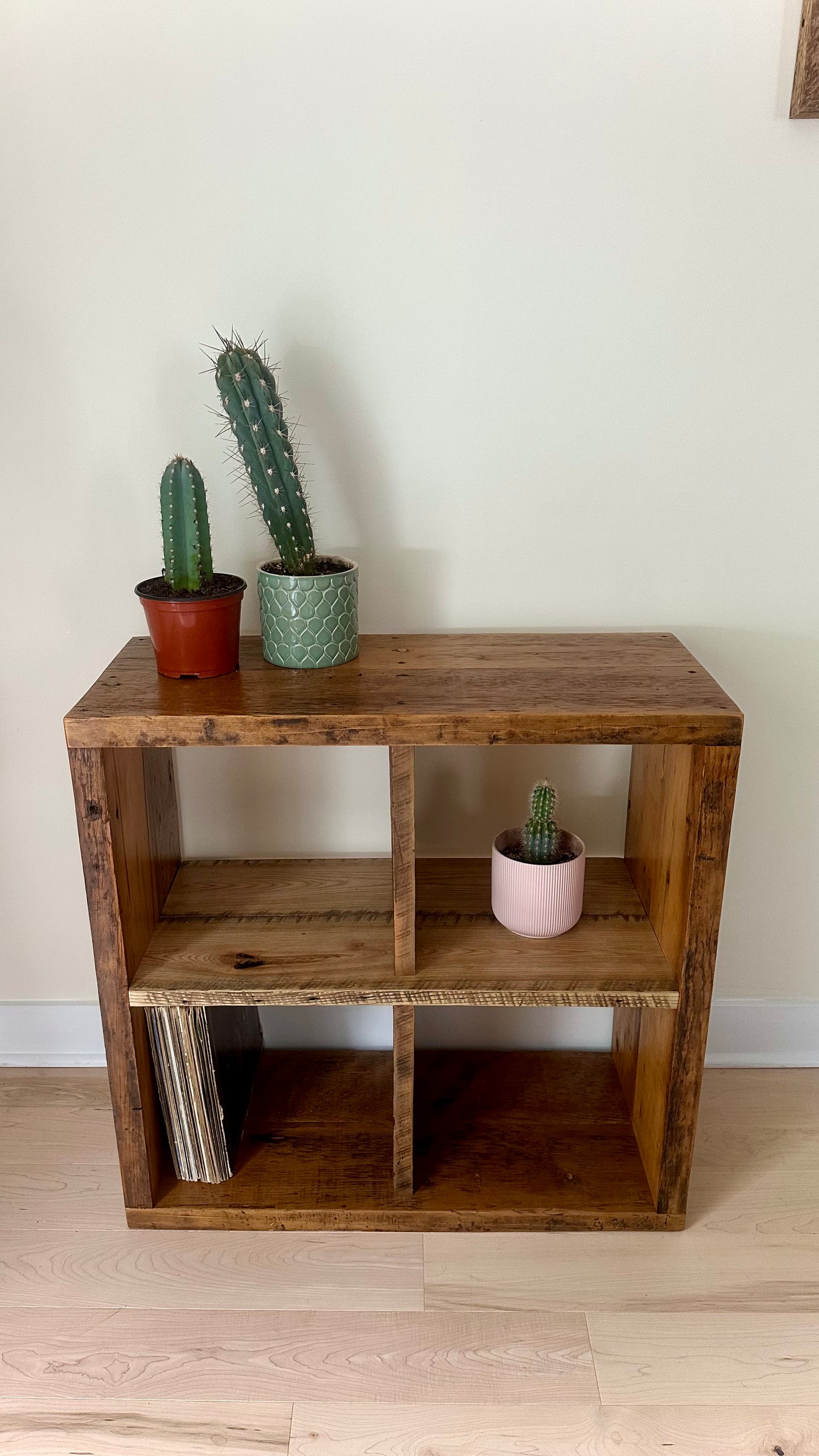 32” Square Rustic Wood Shelf / Vinyl Storage