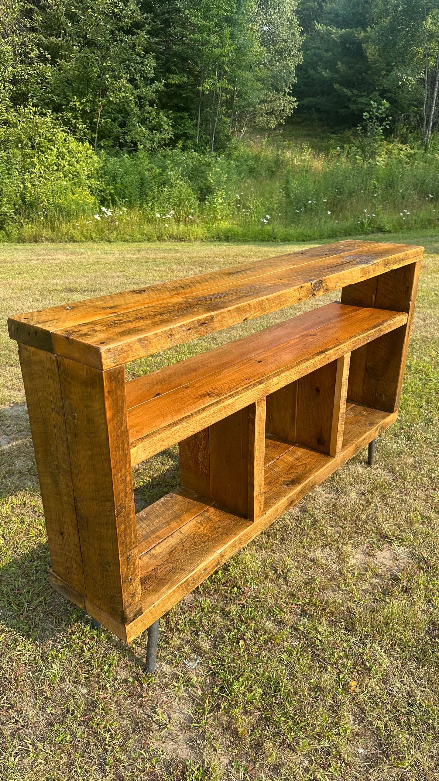 5’ L Rustic Reclaimed Wood Console / Media Table on Pin Legs