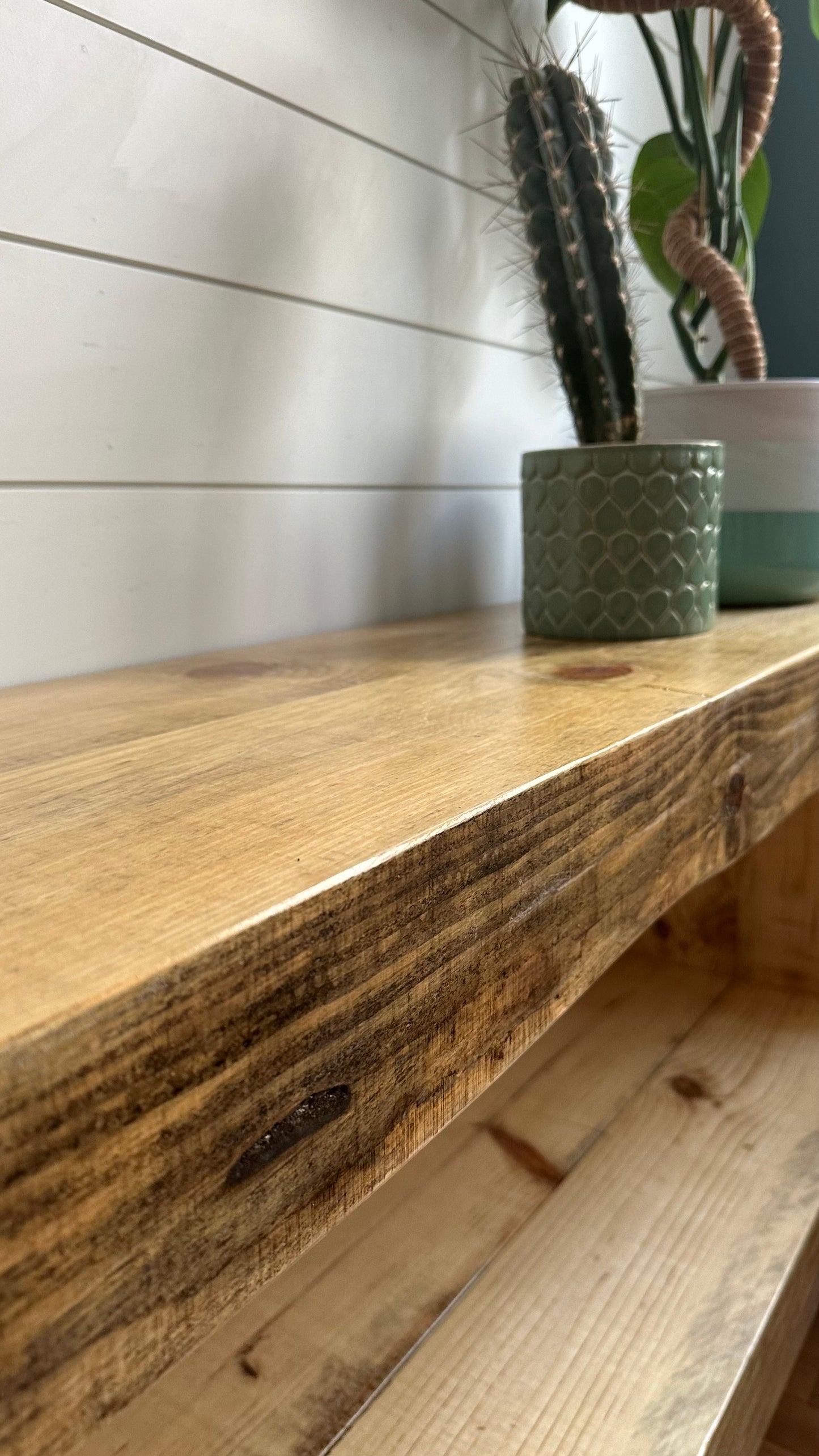 5’ L Rustic Pine Wood + Steel Media Stand