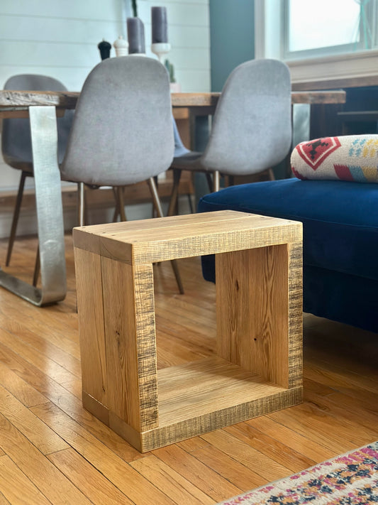 2 x Rustic Oak Wood Side Tables / Vinyl Cubbies