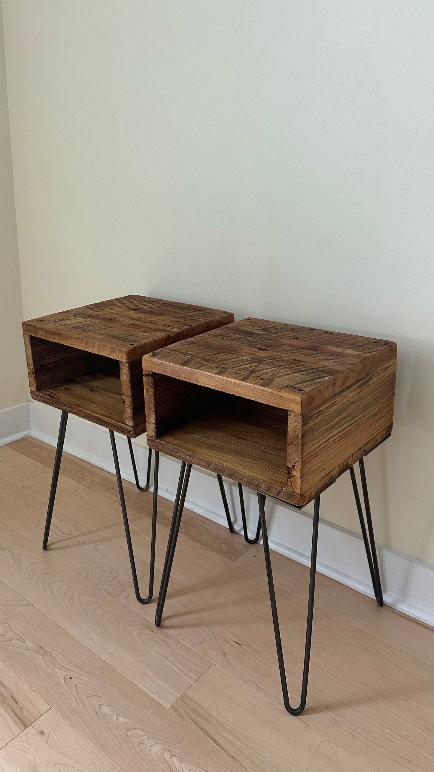 Set of 2 Rustic Reclaimed MCM Style Side / Night Tables