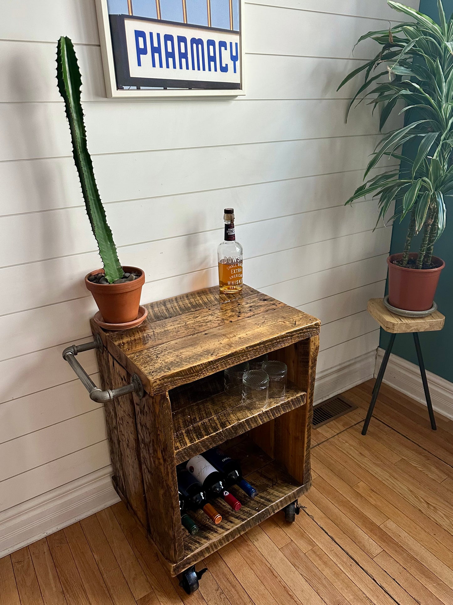 Rustic Reclaimed Wood Rolling Bar / Kitchen Cart