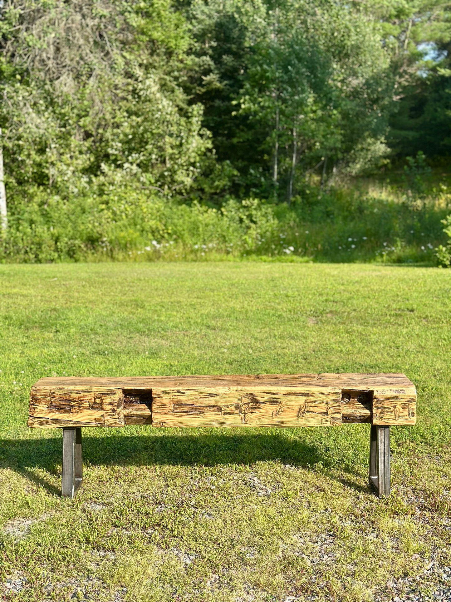 5’ L Rustic Barn Wood Beam + Steel Bench