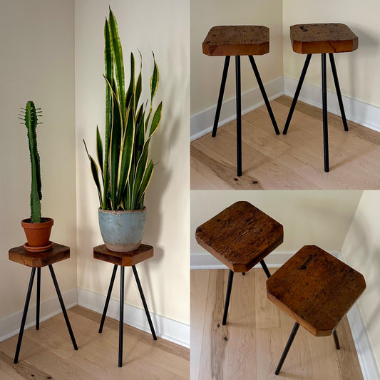 Rustic Wood and Steel Tripod Side Table / Plant Stand