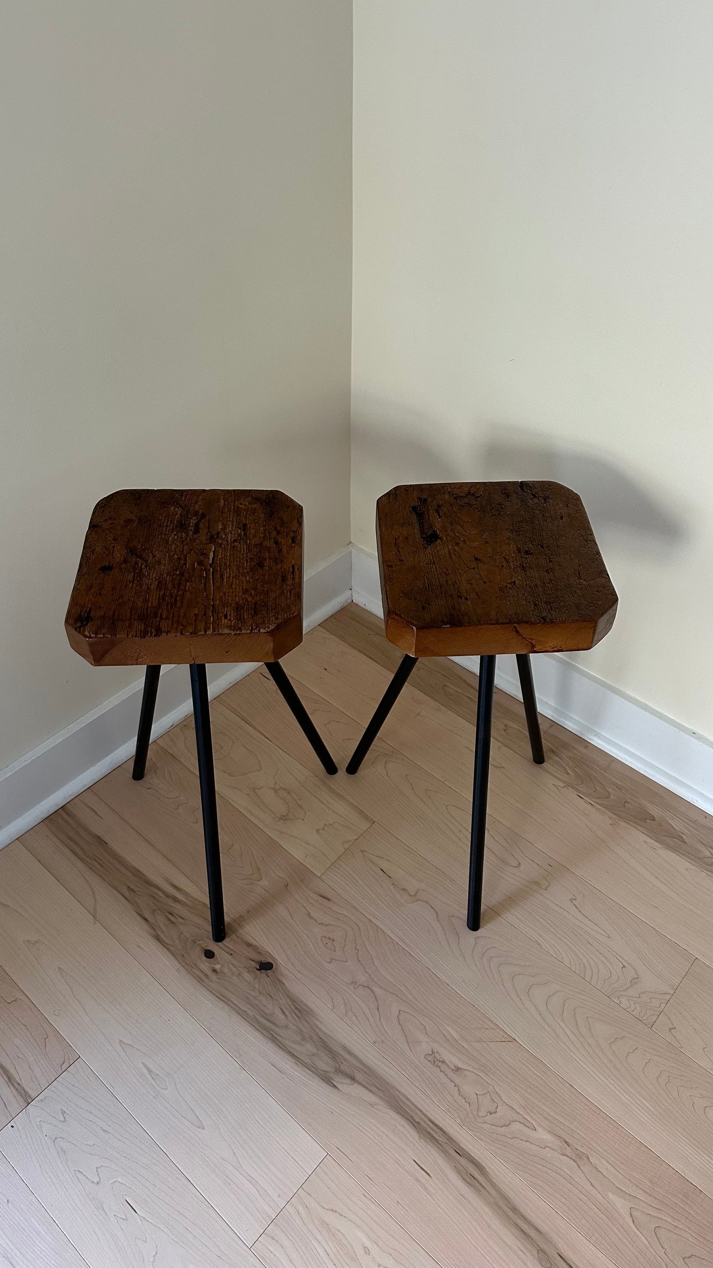 Rustic Wood and Steel Tripod Side Table / Plant Stand