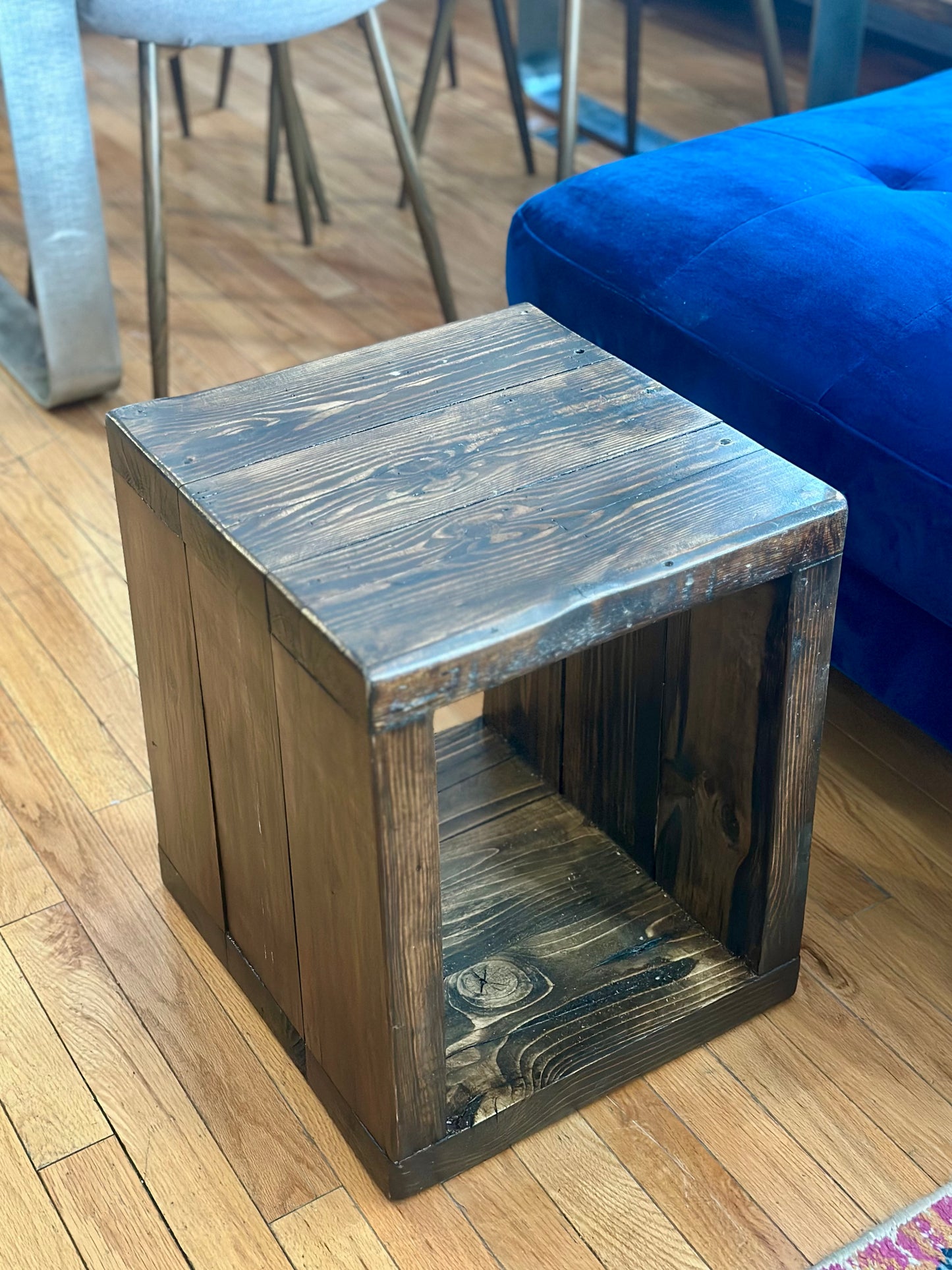 2 x Rustic Pine Wood Side Tables / Vinyl Cubbies