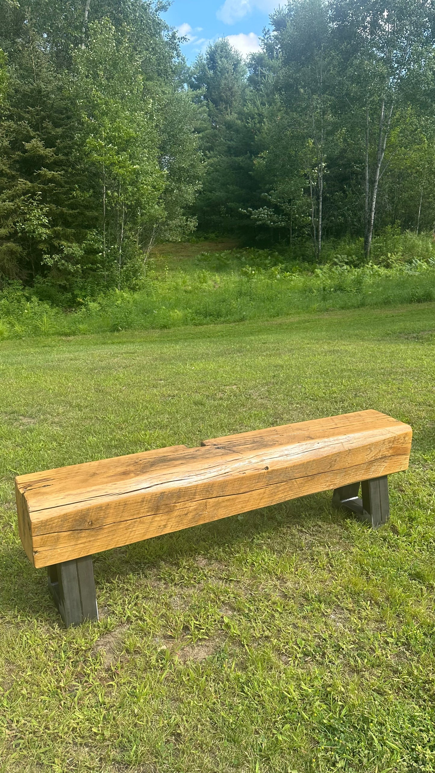 5' L Rustic Wood Beam + Steel Bench