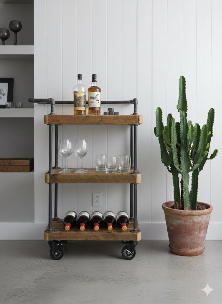 2’ L Rustic Wood + Iron Rolling Bar / Kitchen Cart