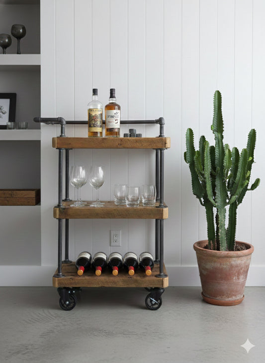 2’ L Rustic Wood + Iron Rolling Bar / Kitchen Cart