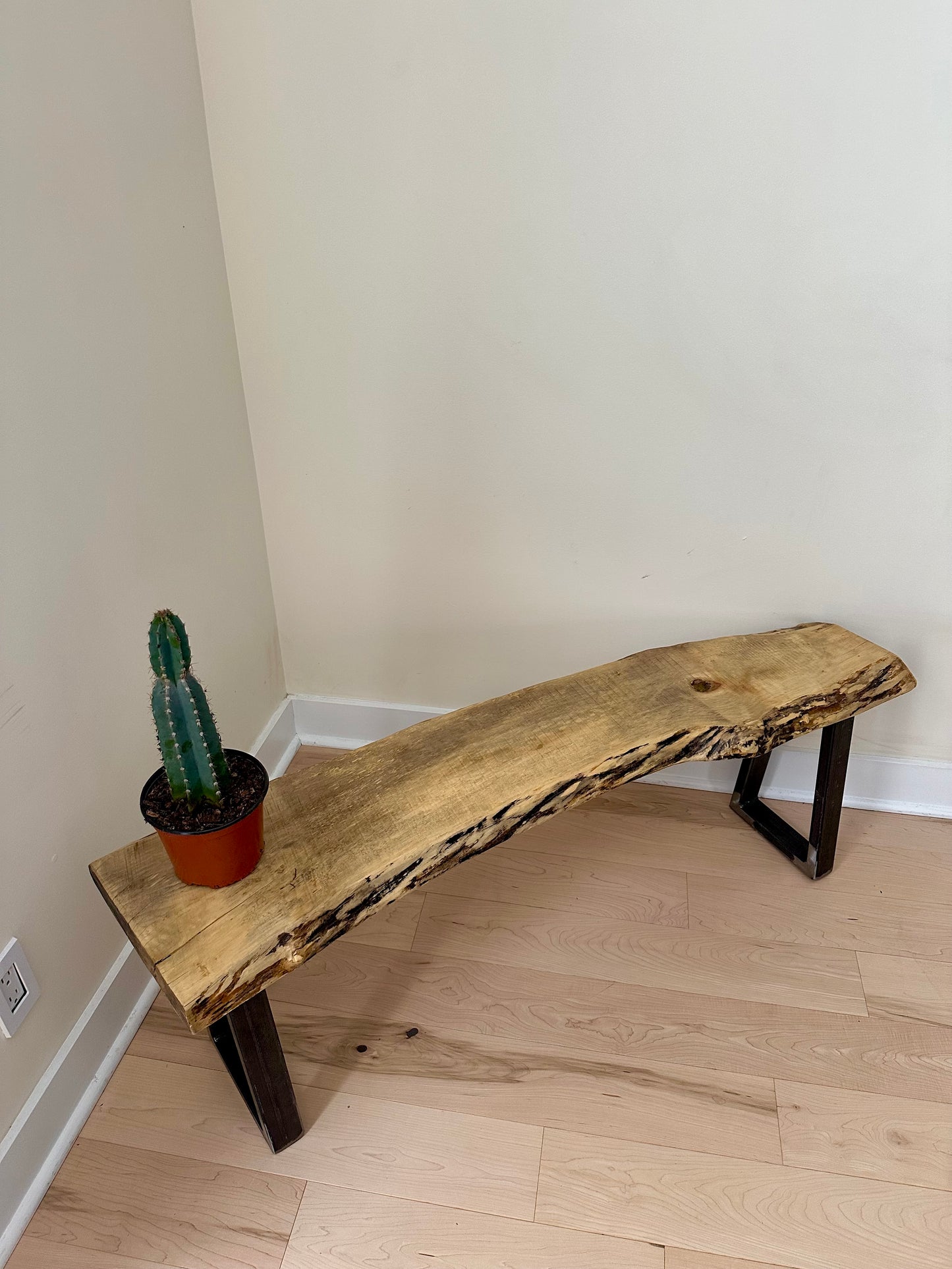 4' L Rustic Live Edge Wood + Steel Bench