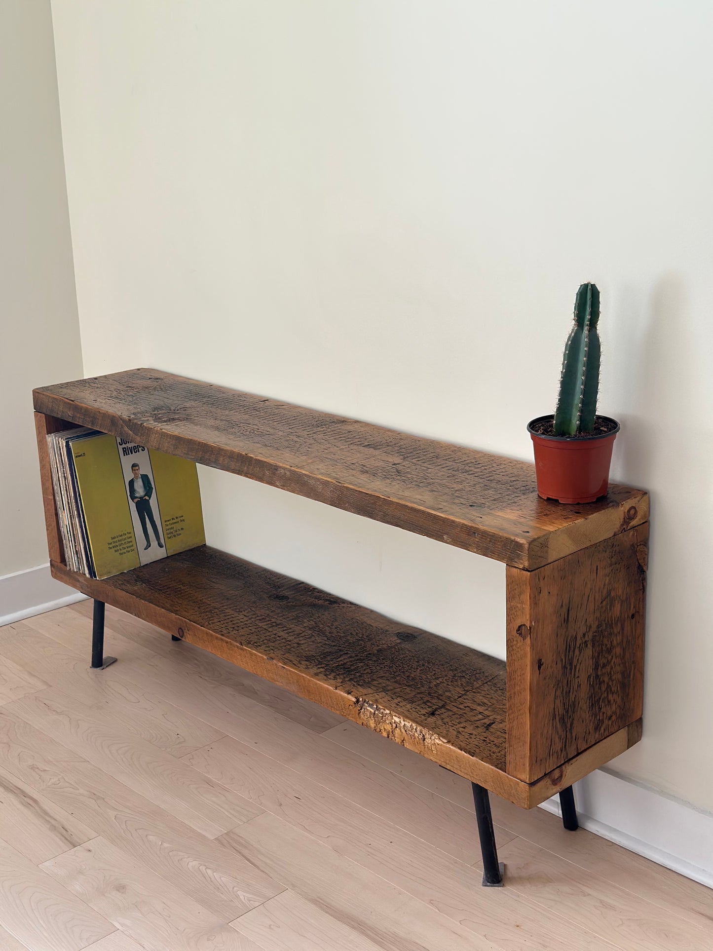 5’ L Minimalist Rustic Wood Media Stand on Pin Legs