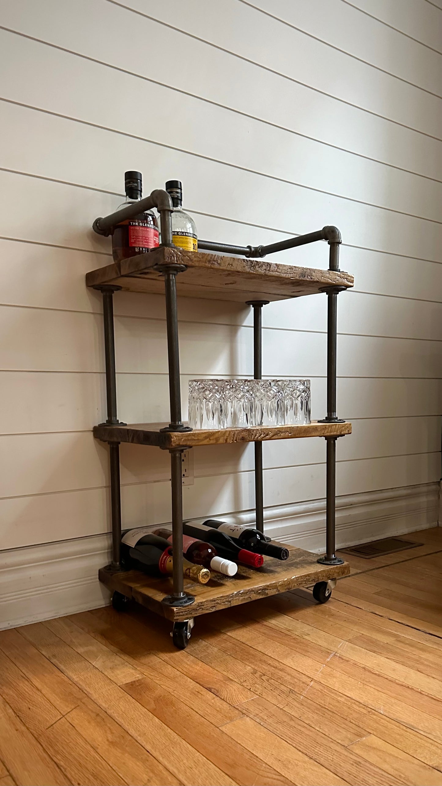 20” L Rustic Wood + Iron Rolling Bar Cart