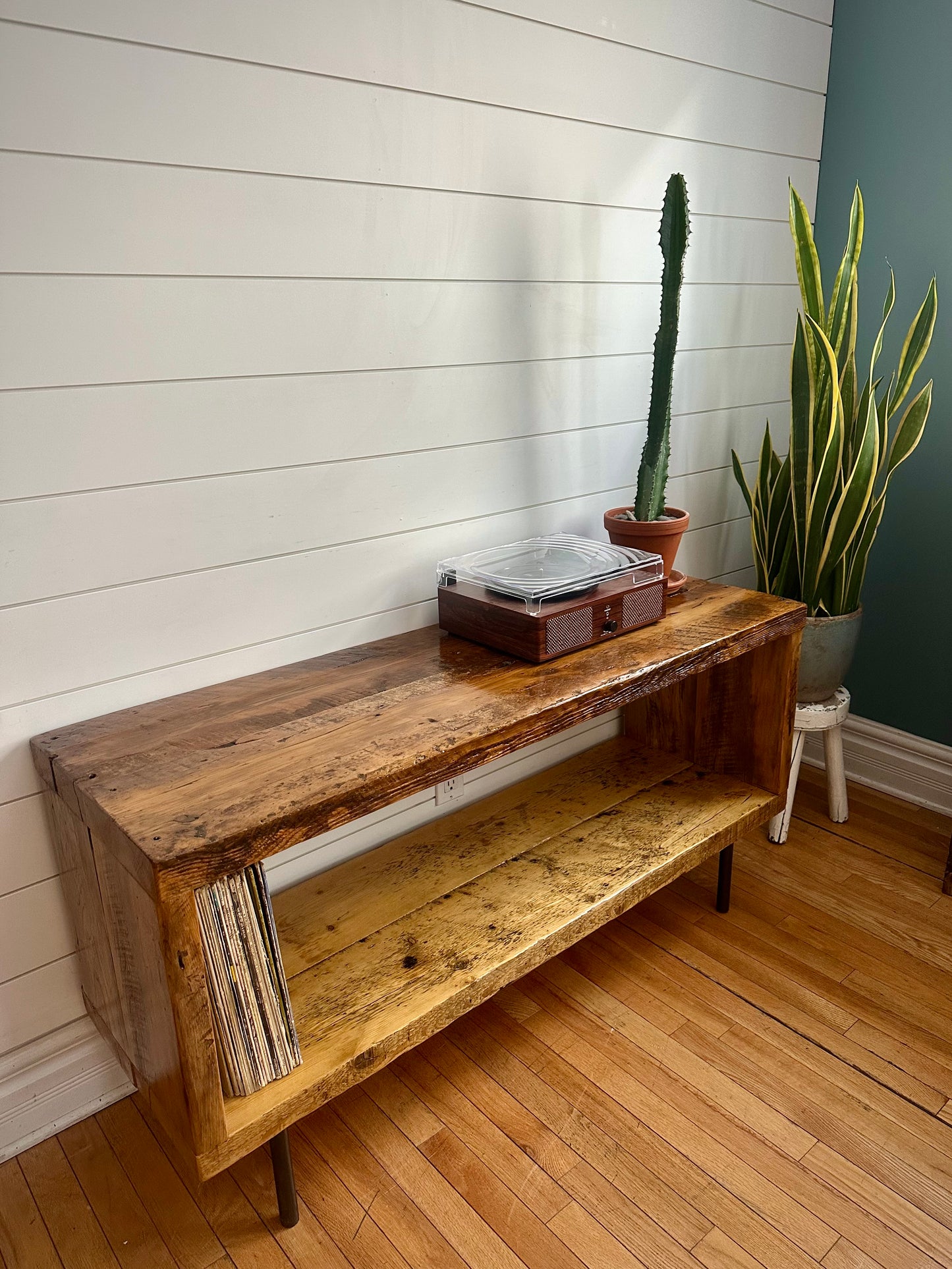 50” L Rustic Wood Minimalist Media / Vinyl Stand on Pin Legs