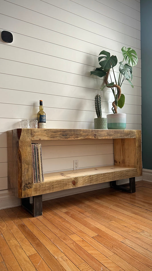 5’ L Rustic Pine Wood + Steel Media Stand