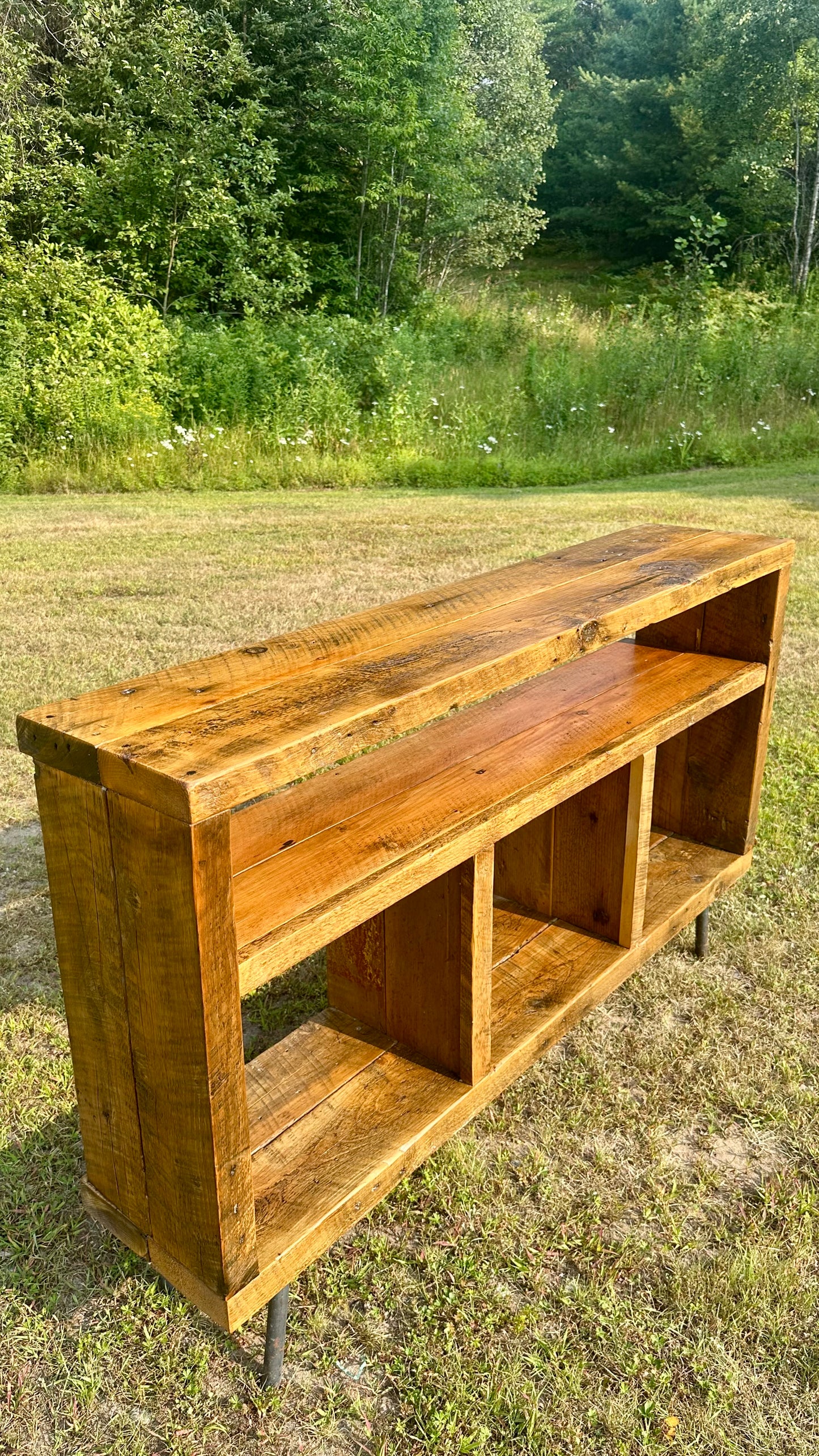 5’ L Rustic Reclaimed Wood Console / Media Table on Pin Legs