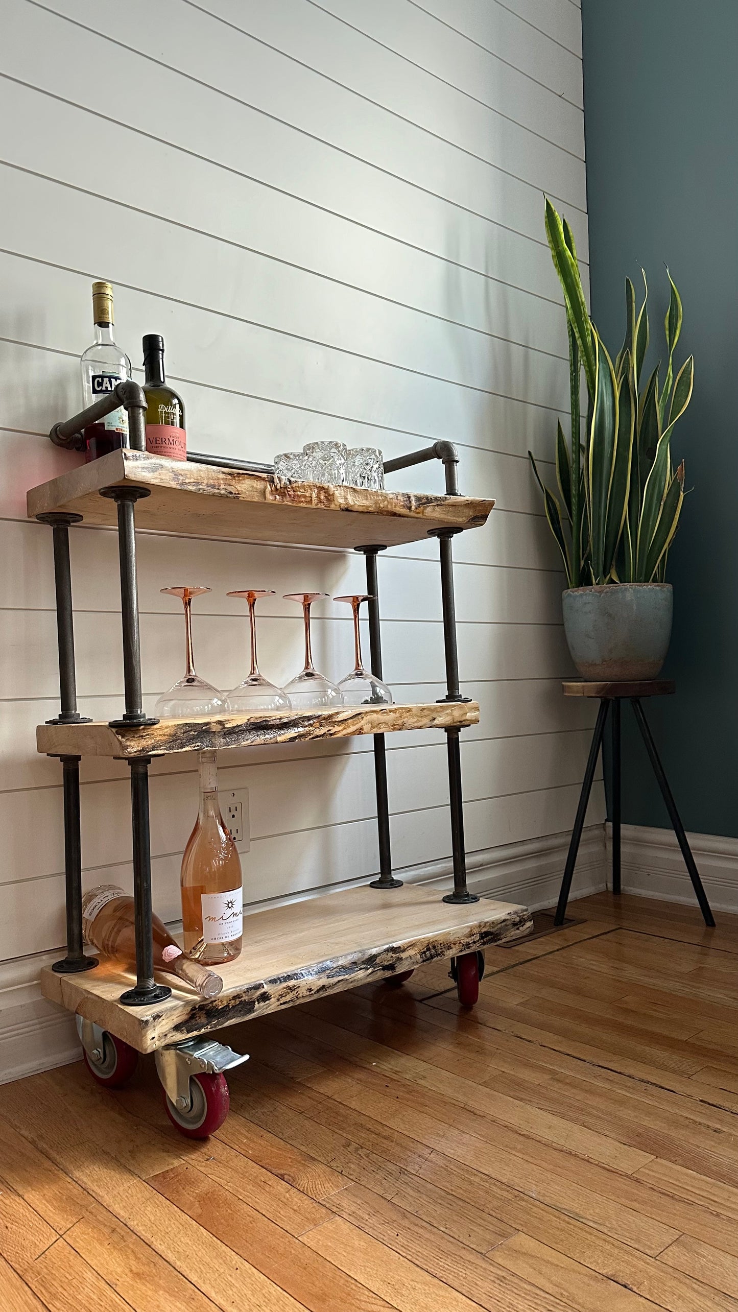 28” L Rustic Live Edge Wood + Steel Bar Cart