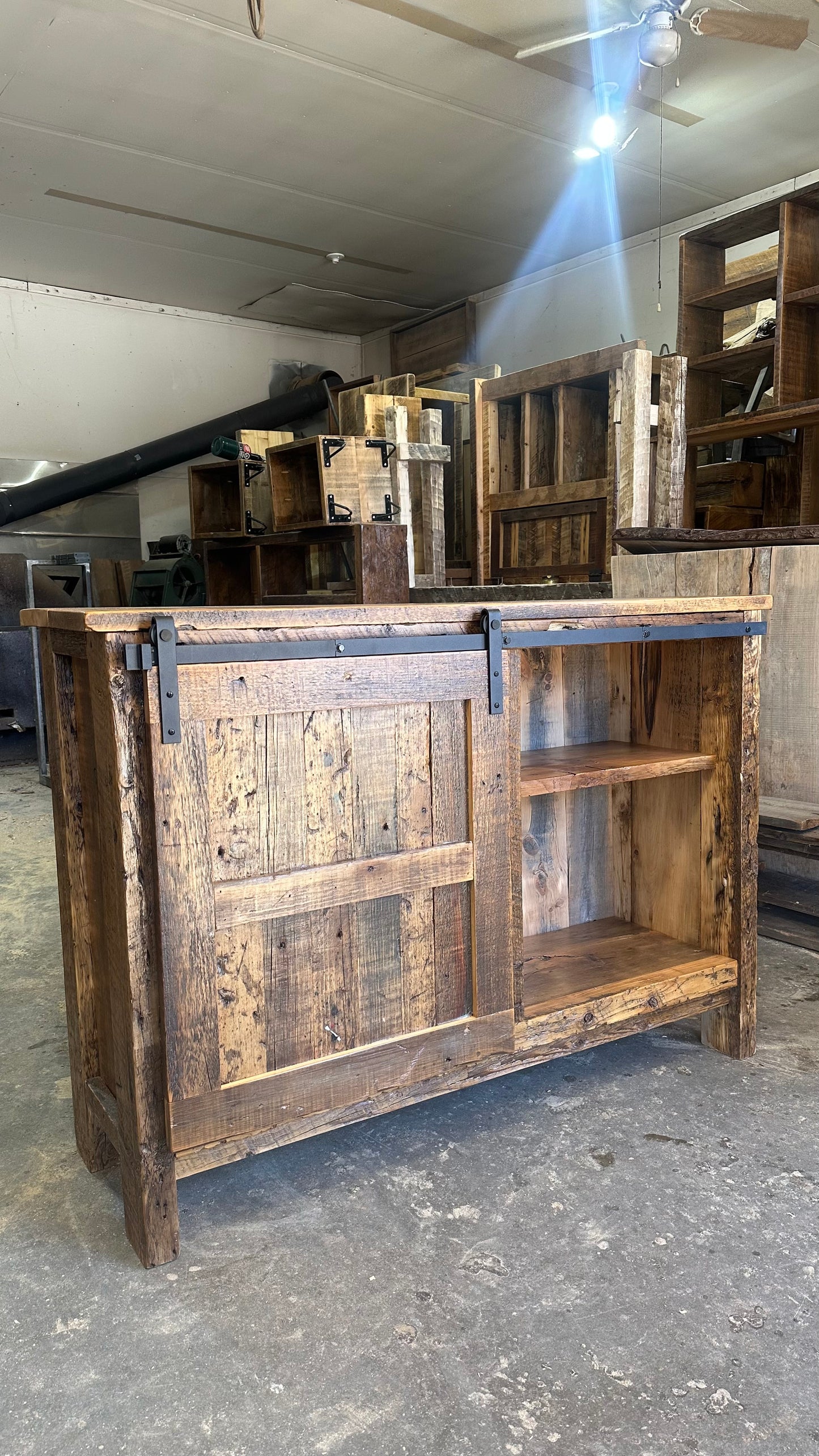 52” L Rustic Wood Barn Door Bar Cabinet