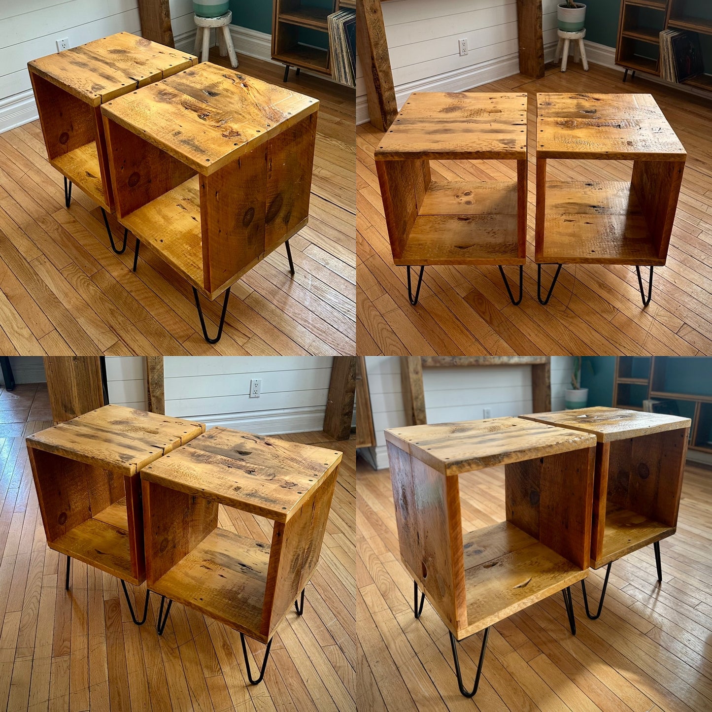 Set of 2 Rustic Reclaimed Wood Cube Side Tables / Night Stands on Hairpin Legs