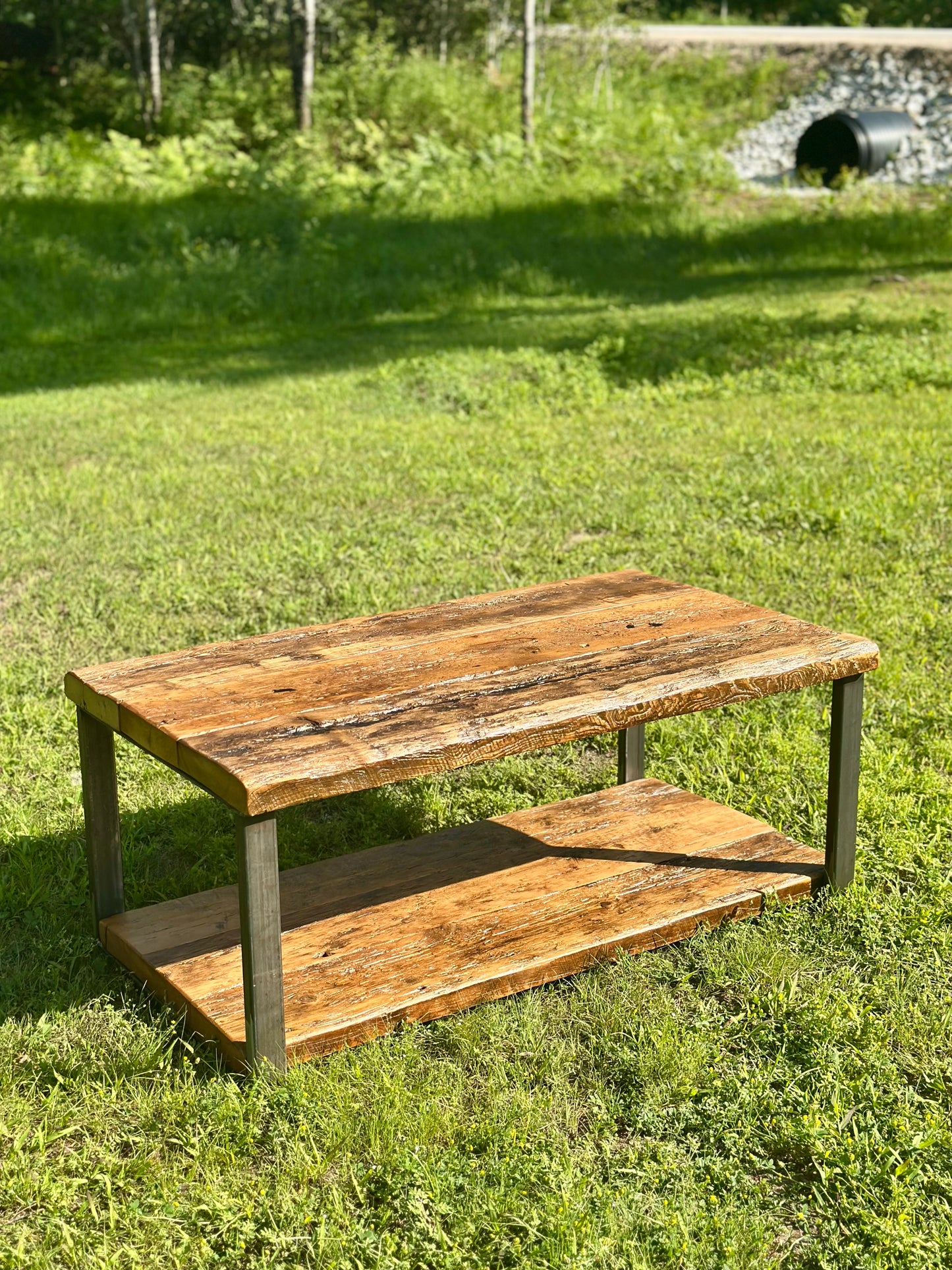 4' L Rustic Reclaimed Wood + Steel Coffee Table