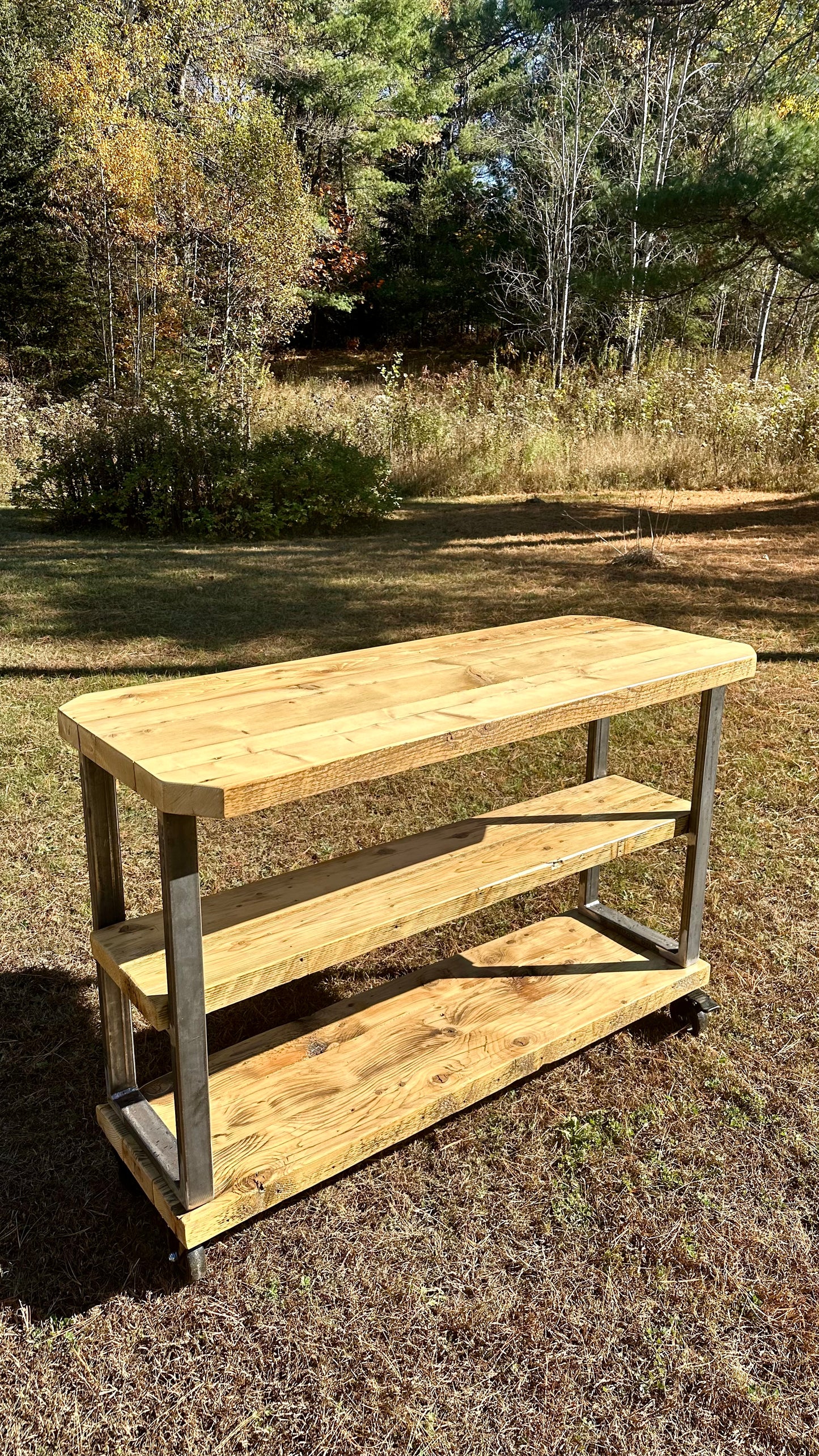 4 1/2’ L Rustic Reclaimed Wood + Steel Kitchen Island